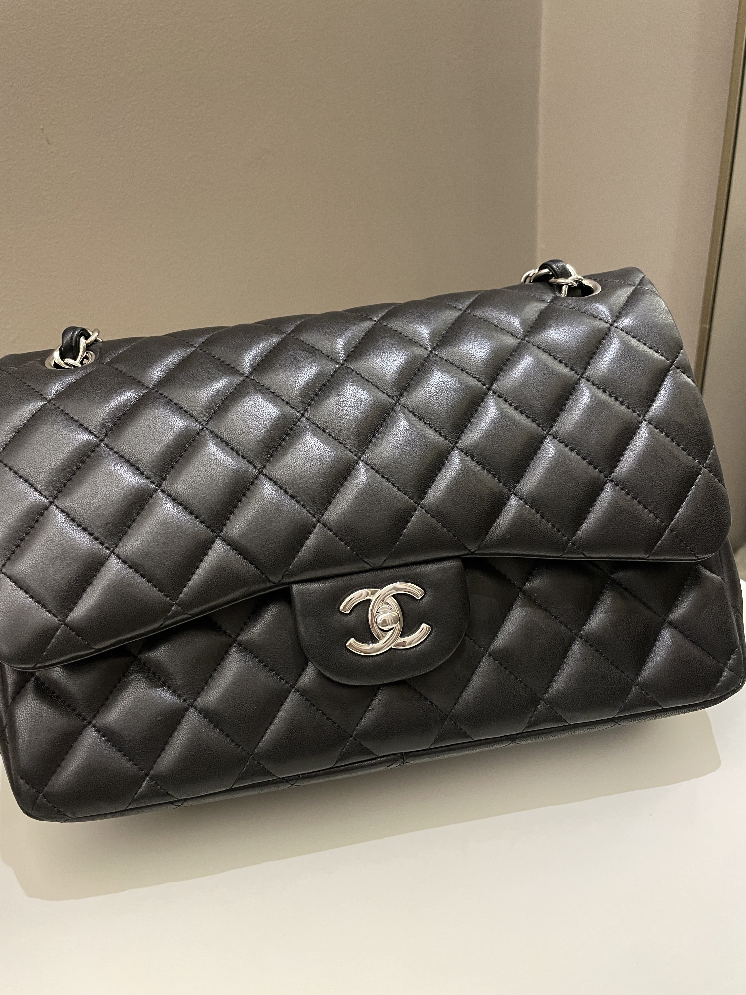 Chanel Classic Quilted Jumbo Double Flap Black Lambskin