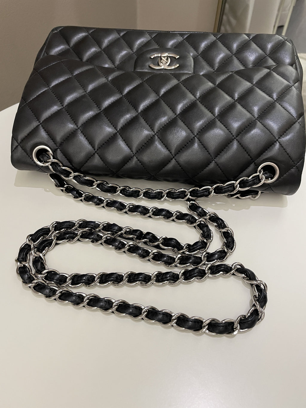 Chanel Classic Quilted Jumbo Double Flap Black Lambskin