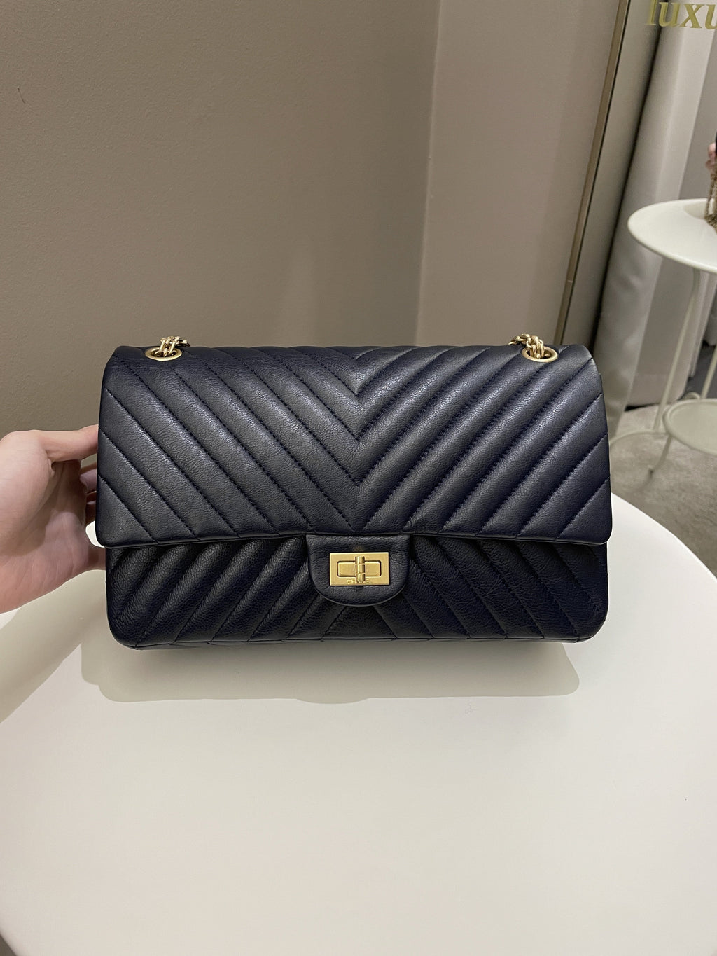 Chanel 2.55 227 Chevron Reissue Double Flap Dark Navy