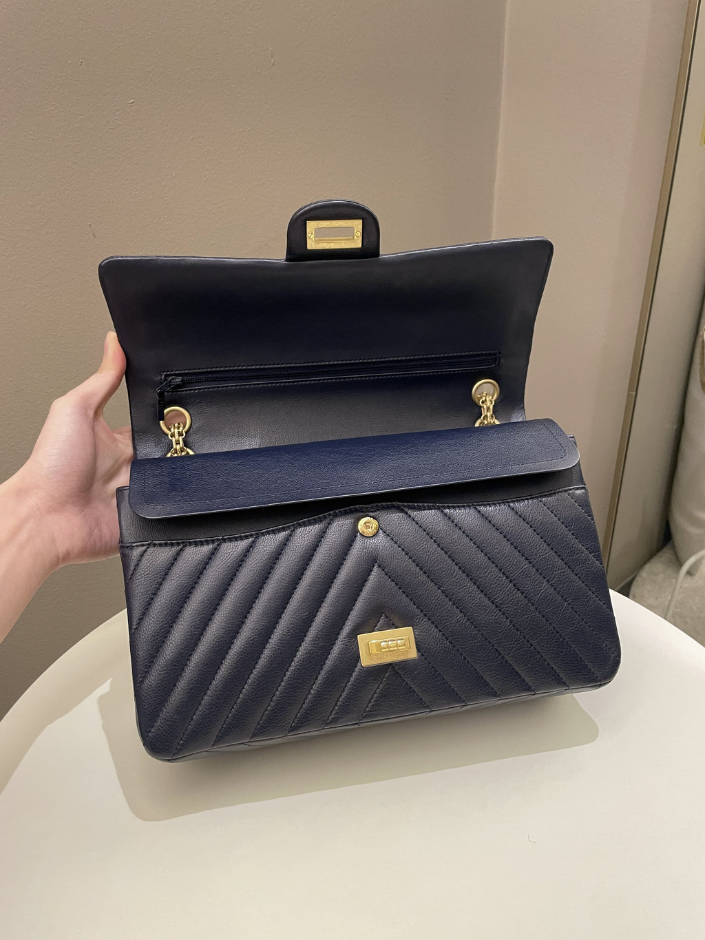 Chanel 2.55 227 Chevron Reissue Double Flap Dark Navy