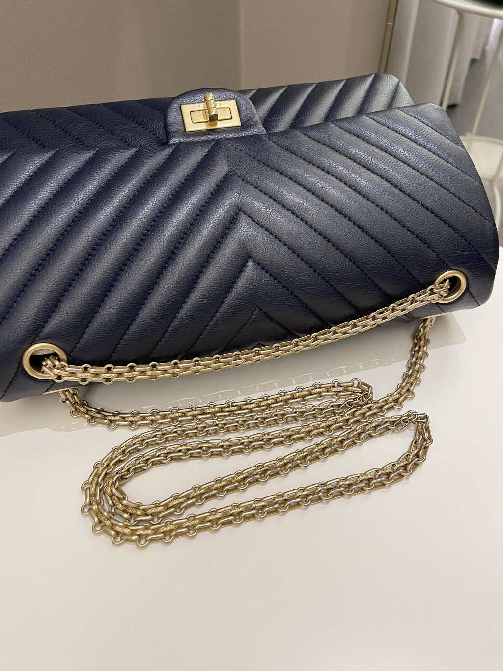 Chanel 2.55 227 Chevron Reissue Double Flap Dark Navy