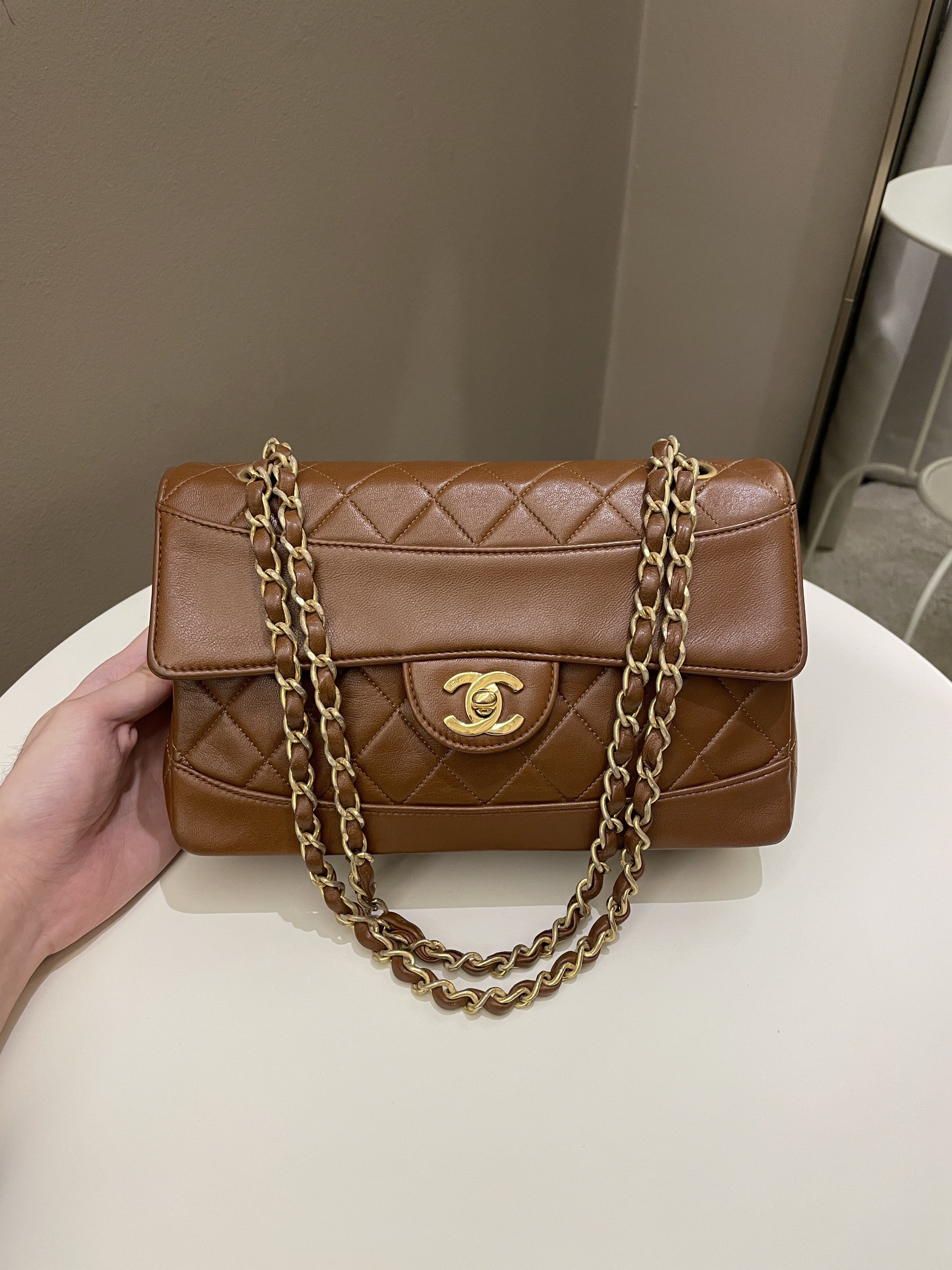 Chanel Vintage Quilted Cc Flap Bag Tan Brown Lambskin