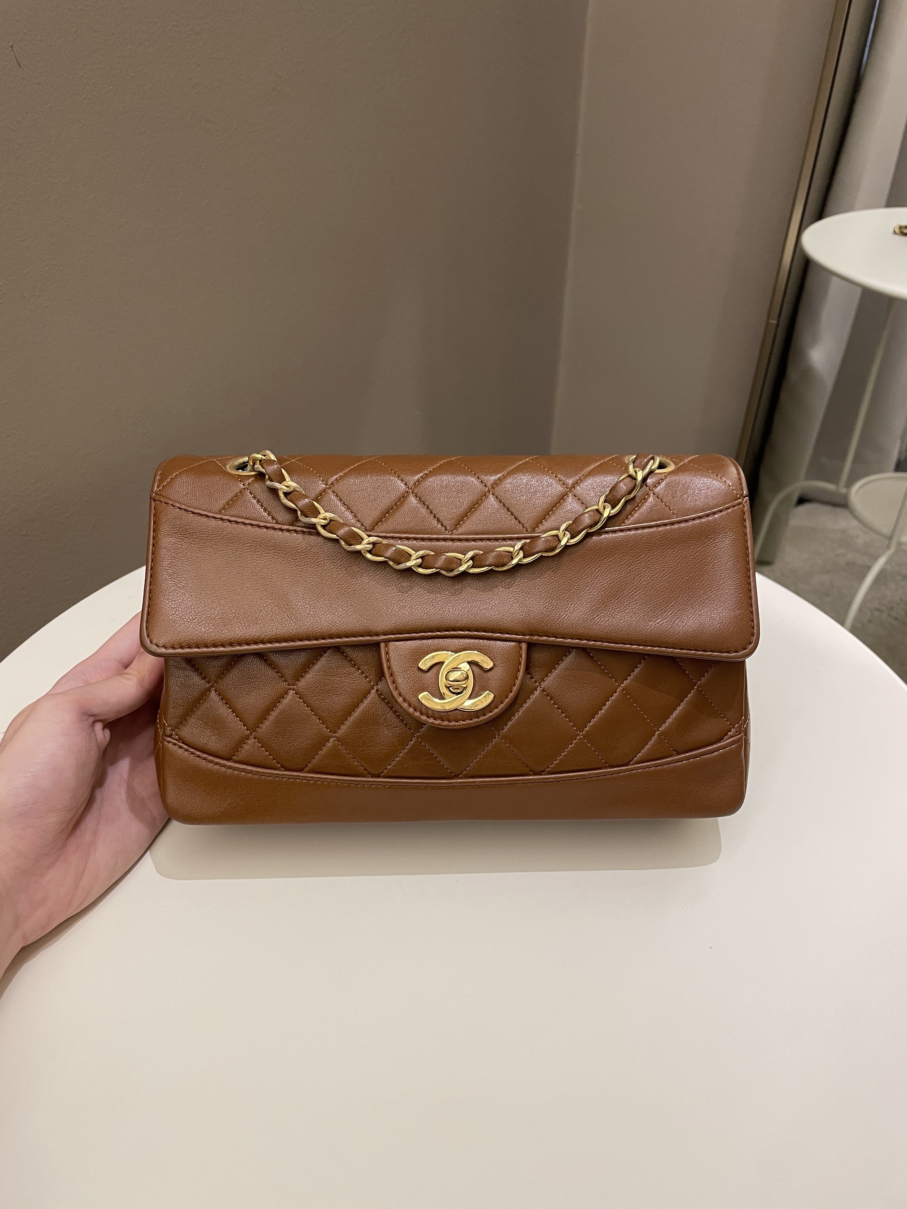 Chanel Vintage Quilted Cc Flap Bag Tan Brown Lambskin