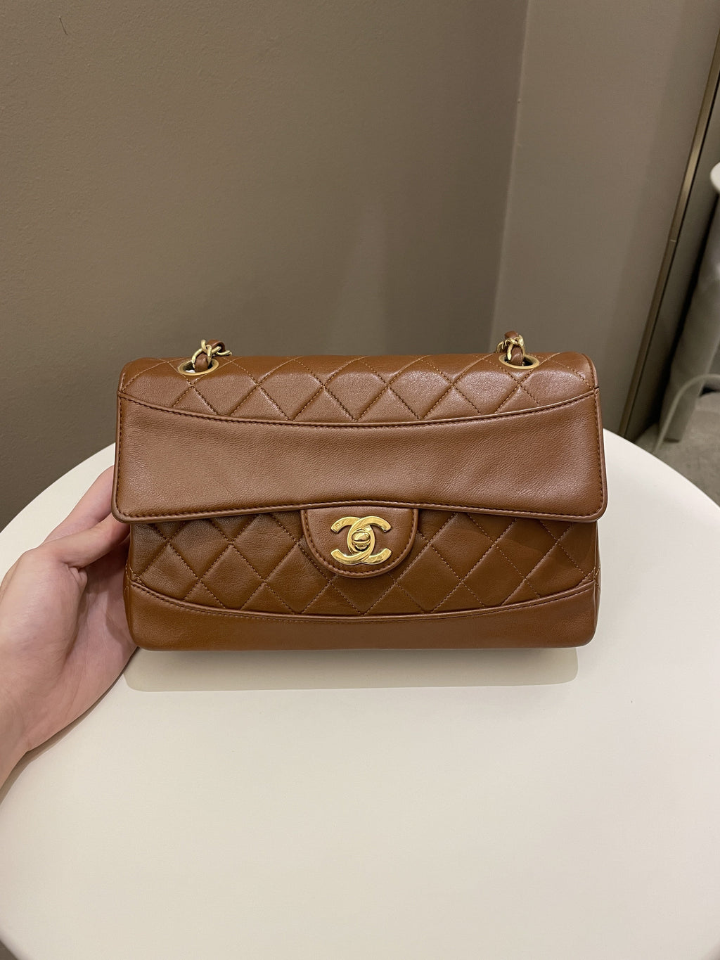 Chanel Vintage Quilted Cc Flap Bag Tan Brown Lambskin