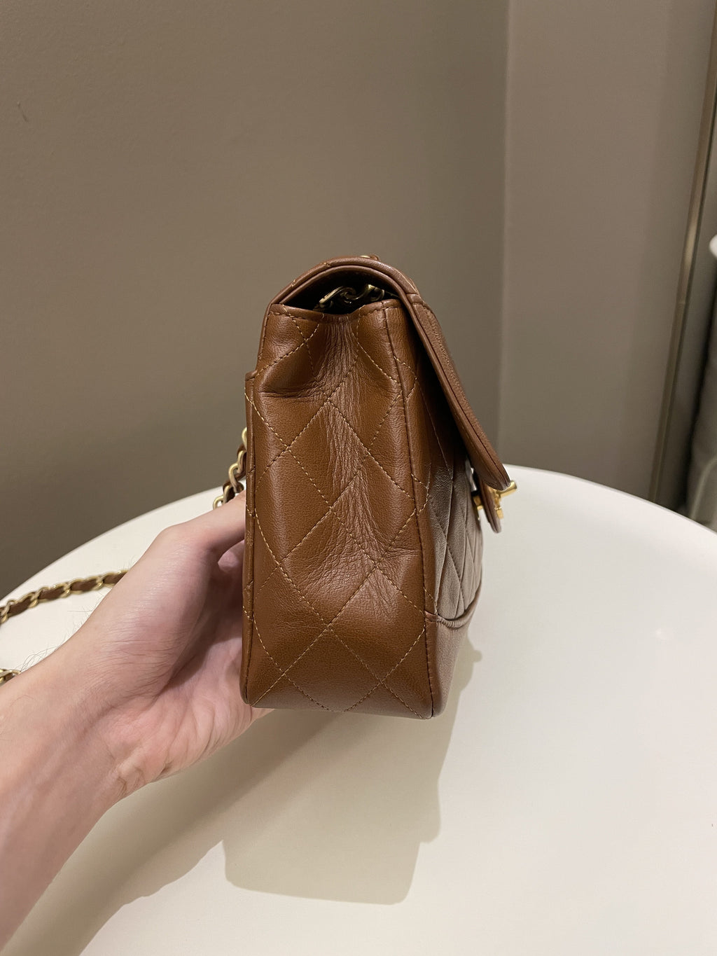 Chanel Vintage Quilted Cc Flap Bag Tan Brown Lambskin