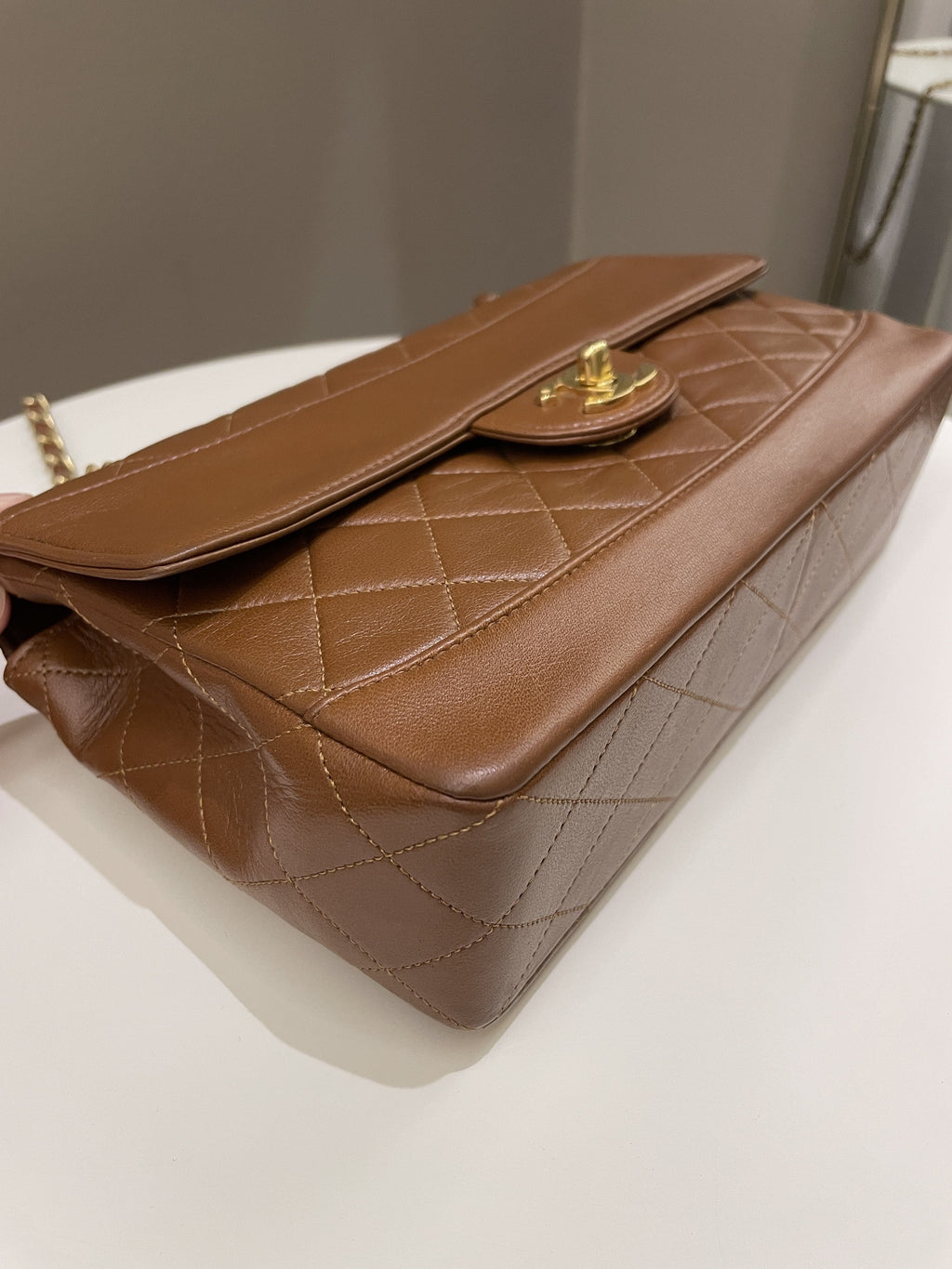 Chanel Vintage Quilted Cc Flap Bag Tan Brown Lambskin