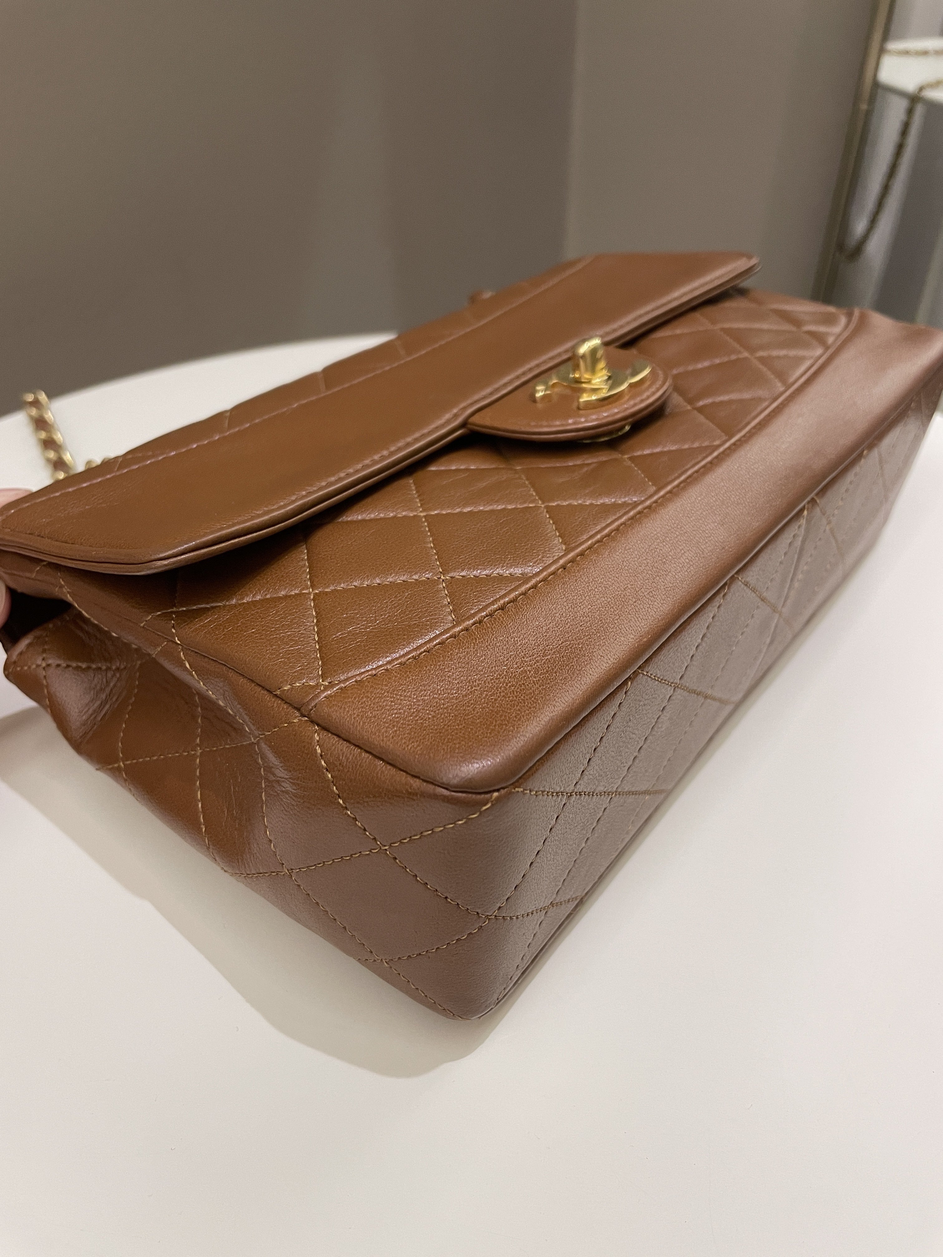 Chanel Vintage Quilted Cc Flap Bag Tan Brown Lambskin