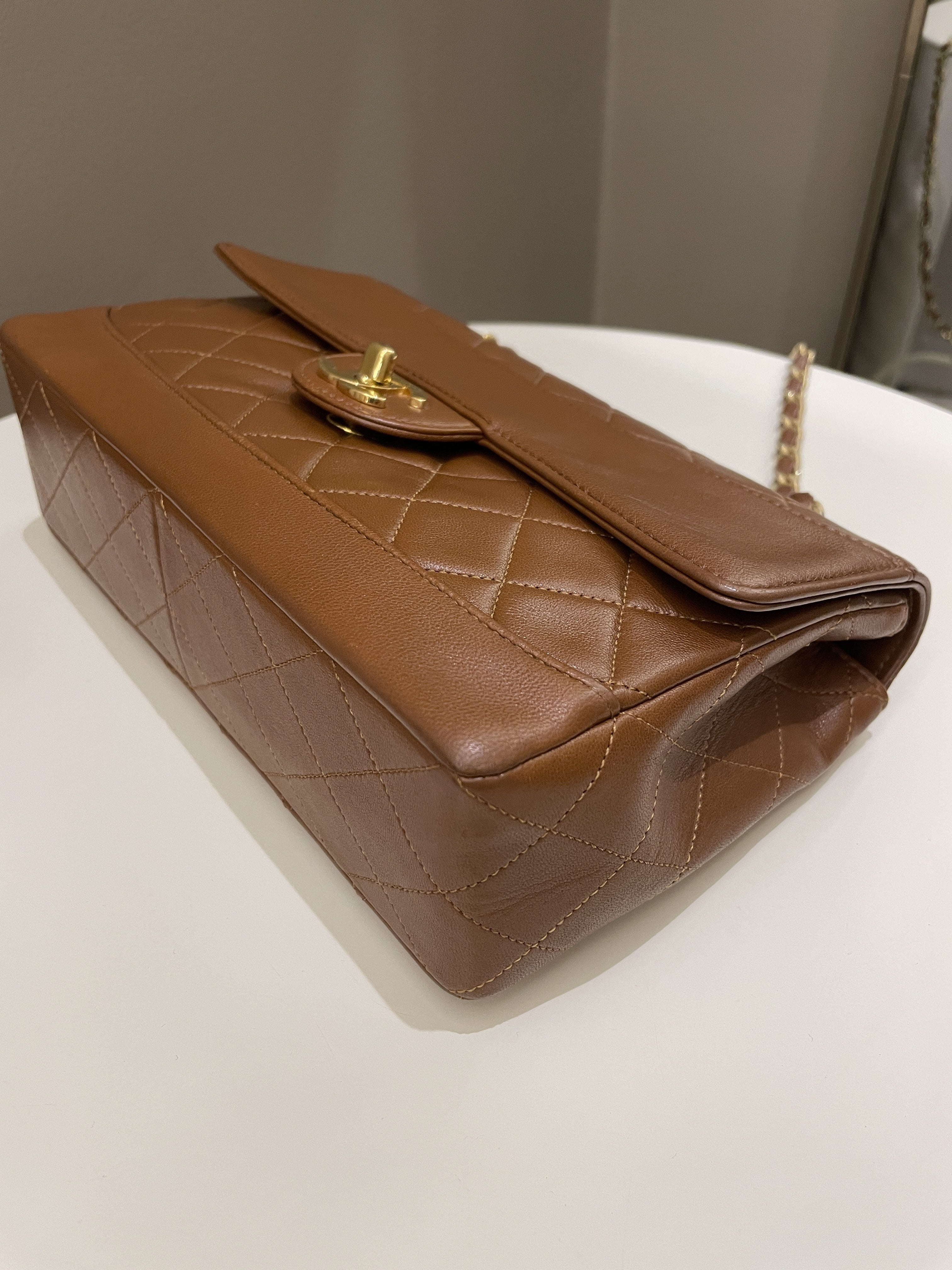 Chanel Vintage Quilted Cc Flap Bag Tan Brown Lambskin