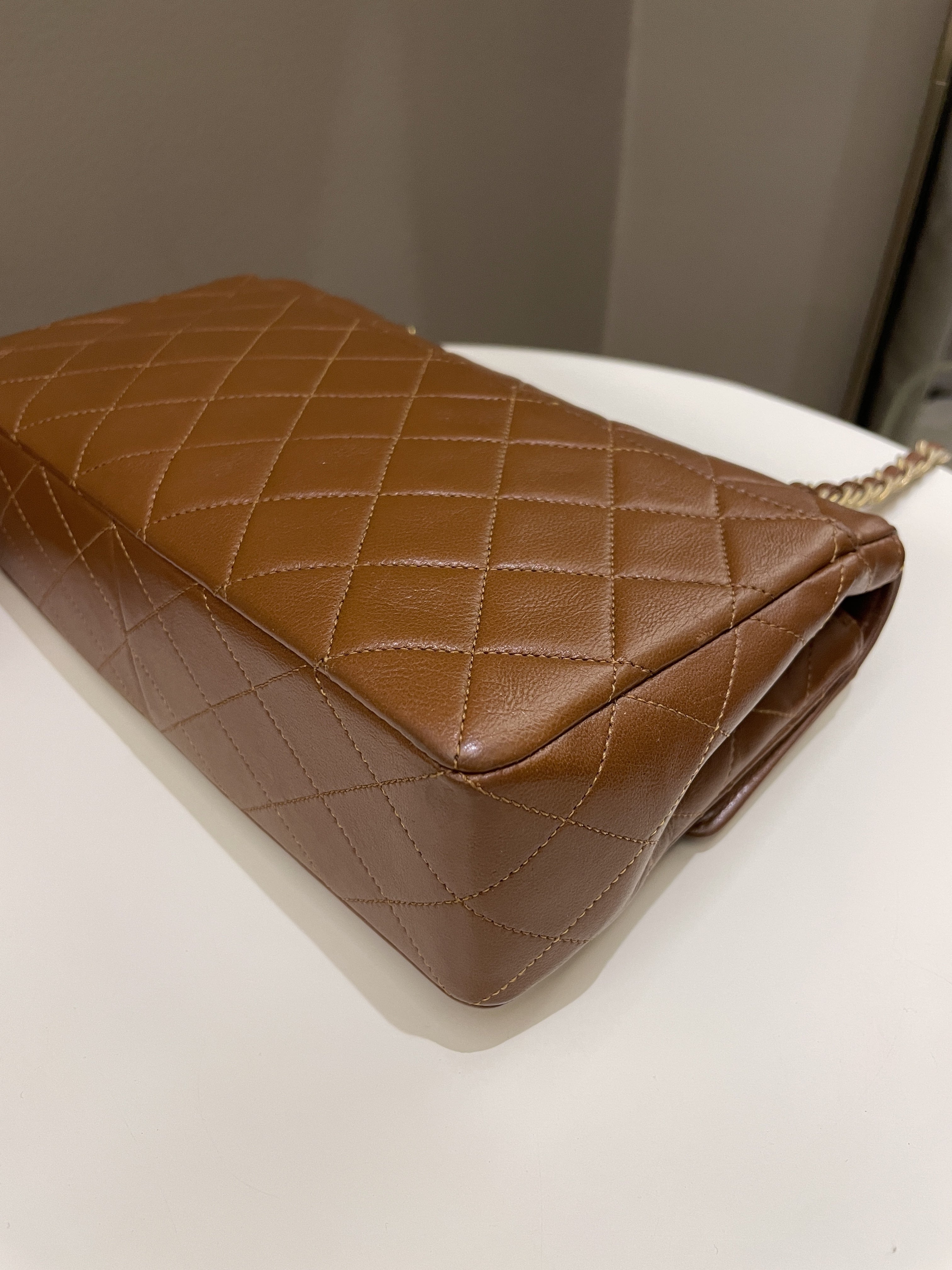 Chanel Vintage Quilted Cc Flap Bag Tan Brown Lambskin