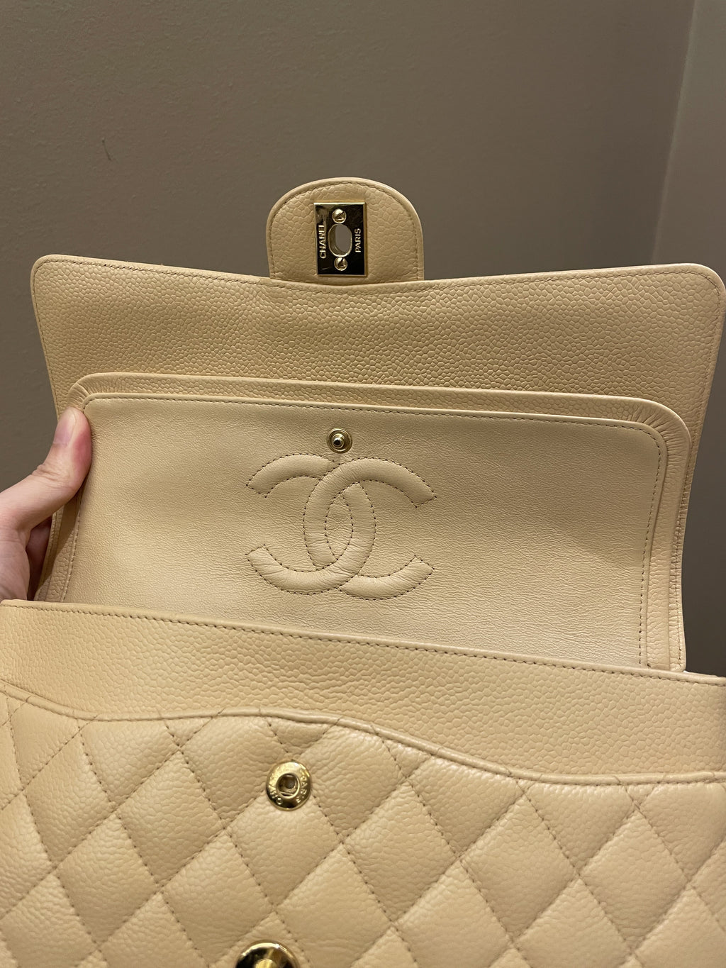 Chanel Classic Quilted Medium Double Flap Beige Caviar