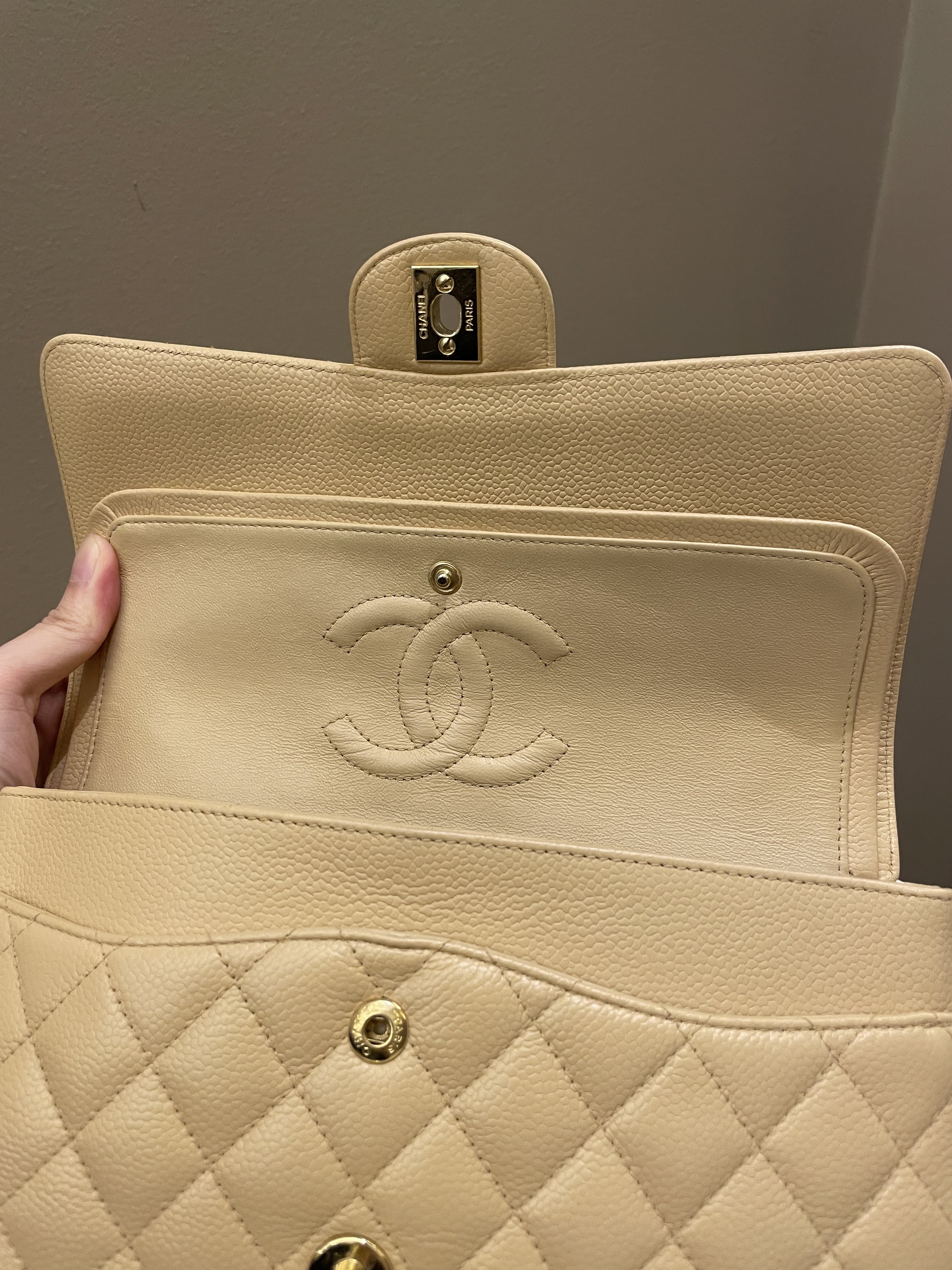 Chanel Classic Quilted Medium Double Flap Beige Caviar