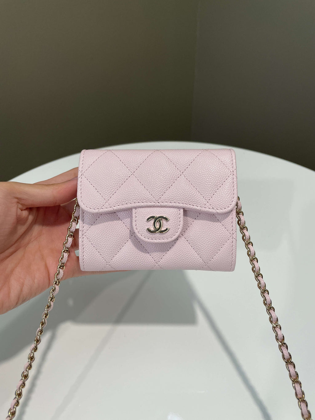 Chanel Card Holder On Chain Rose Claire Caviar