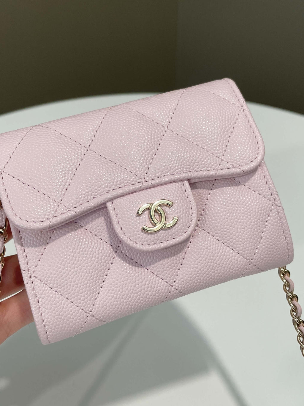 Chanel Card Holder On Chain Rose Claire Caviar