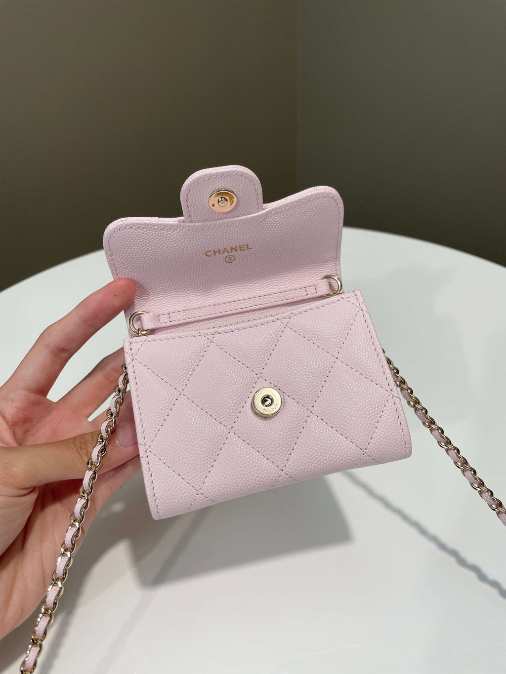 Chanel Card Holder On Chain Rose Claire Caviar