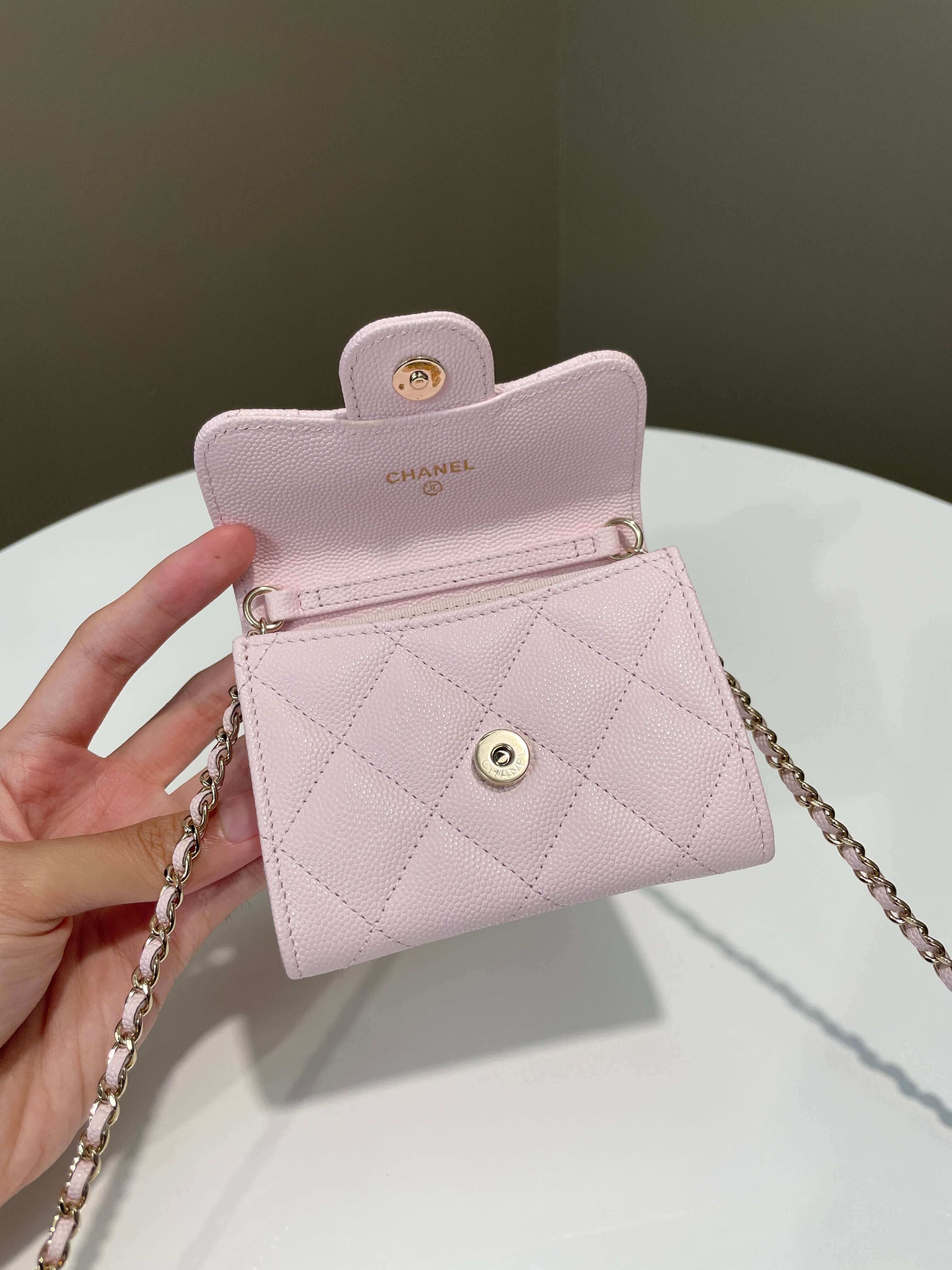 Chanel Card Holder On Chain Rose Claire Caviar