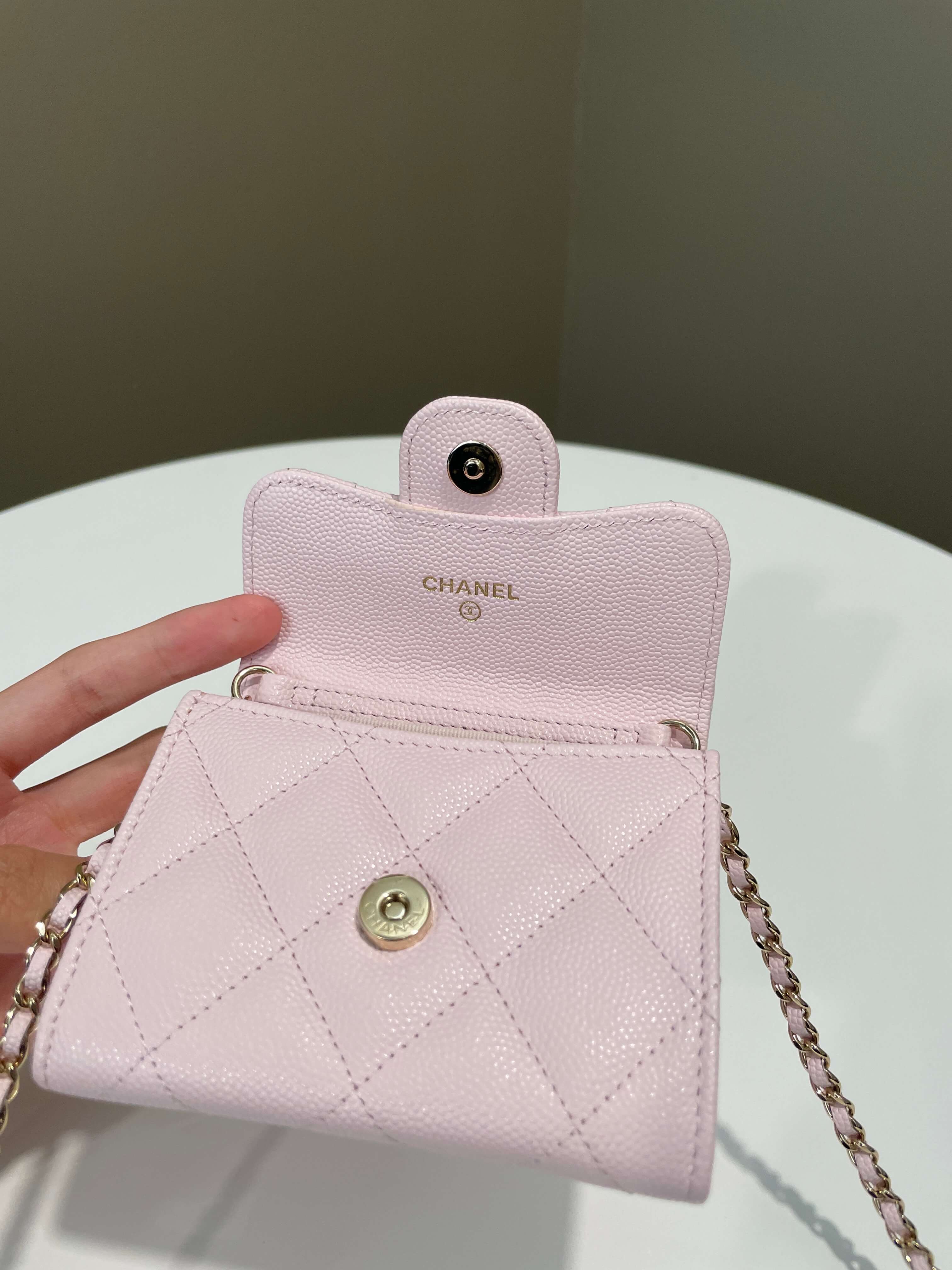 Chanel Card Holder On Chain Rose Claire Caviar