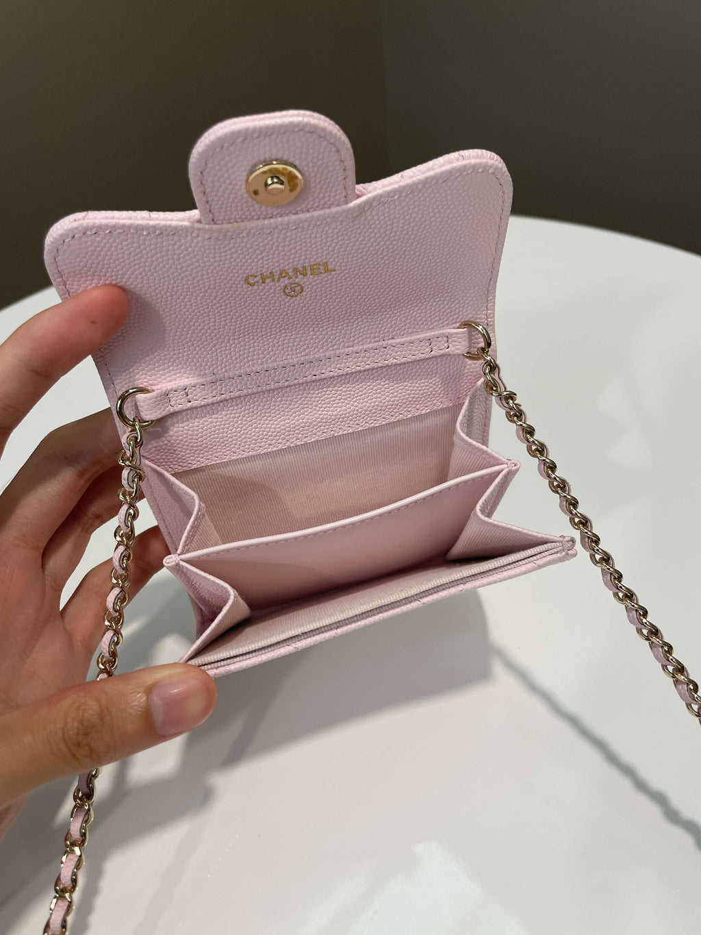 Chanel Card Holder On Chain Rose Claire Caviar