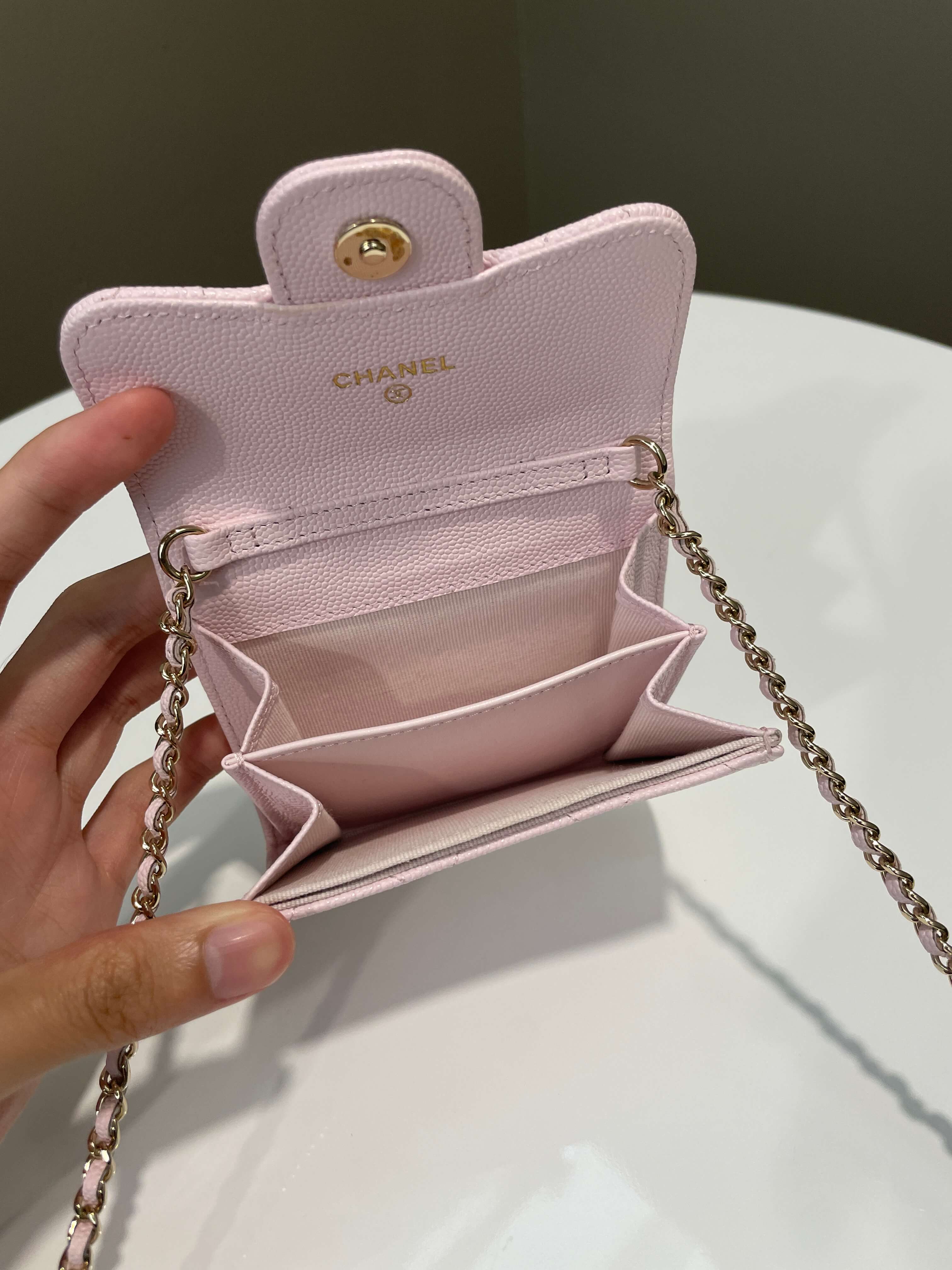 Chanel Card Holder On Chain Rose Claire Caviar