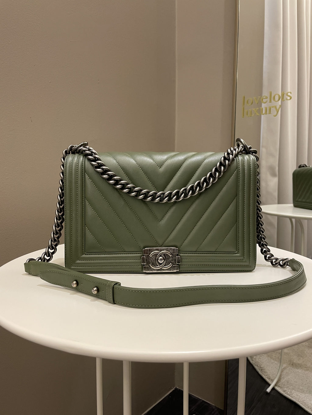 Chanel Chevron Boy New Medium Olive Green Calfskin