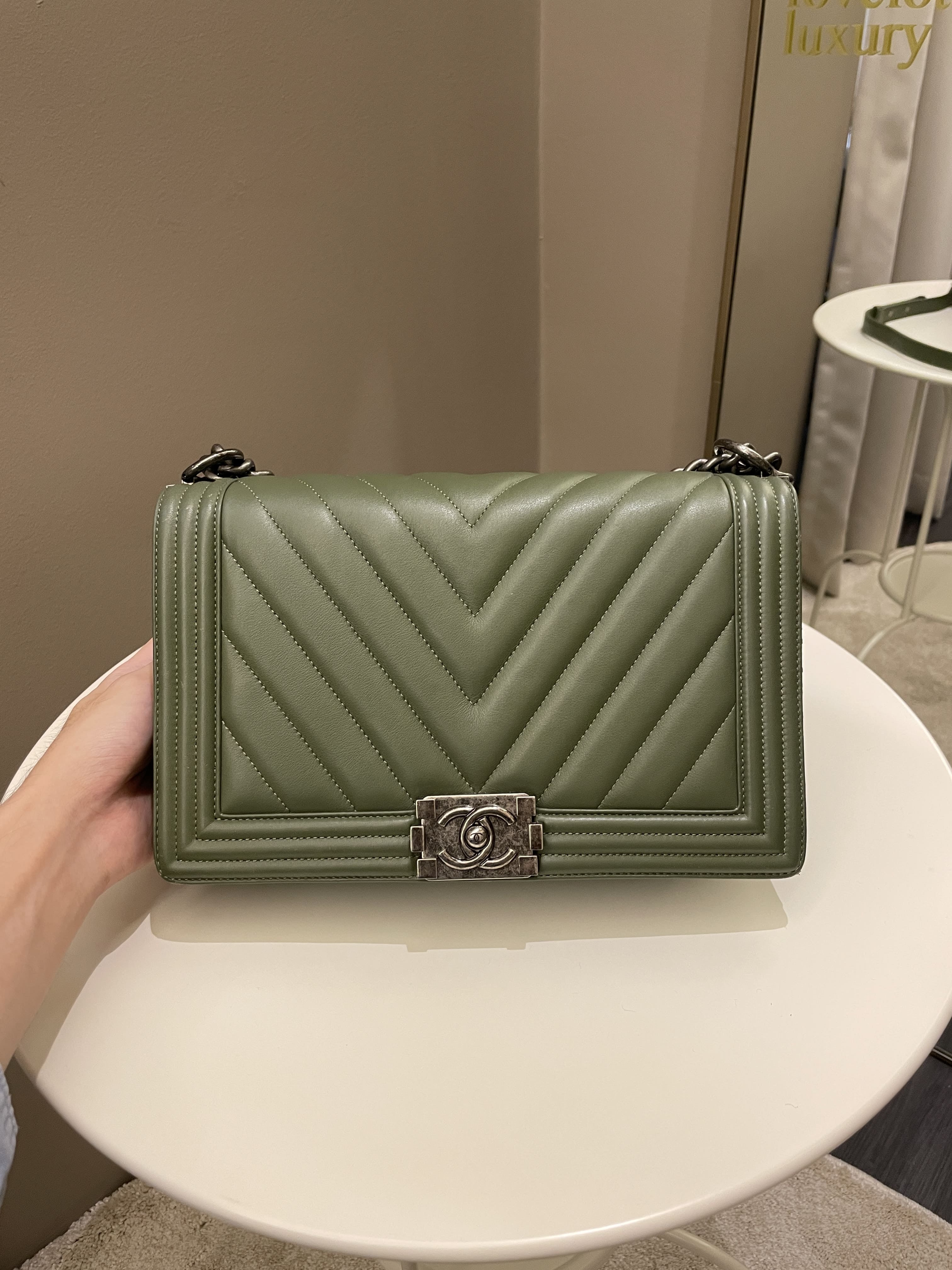 Chanel Chevron Boy New Medium Olive Green Calfskin