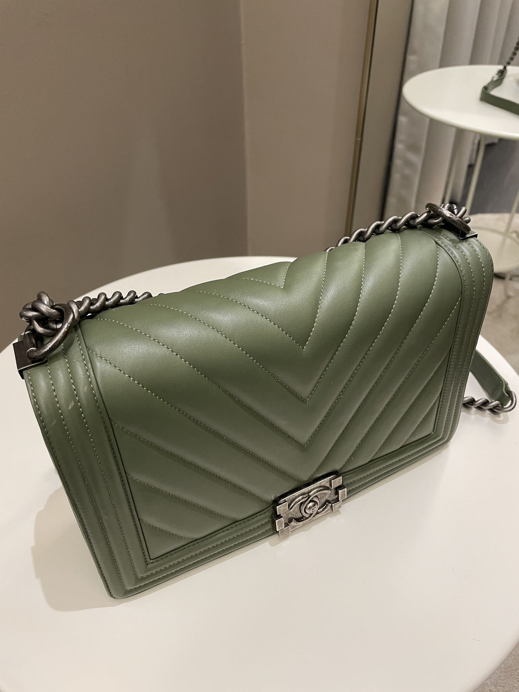 Chanel Chevron Boy New Medium Olive Green Calfskin