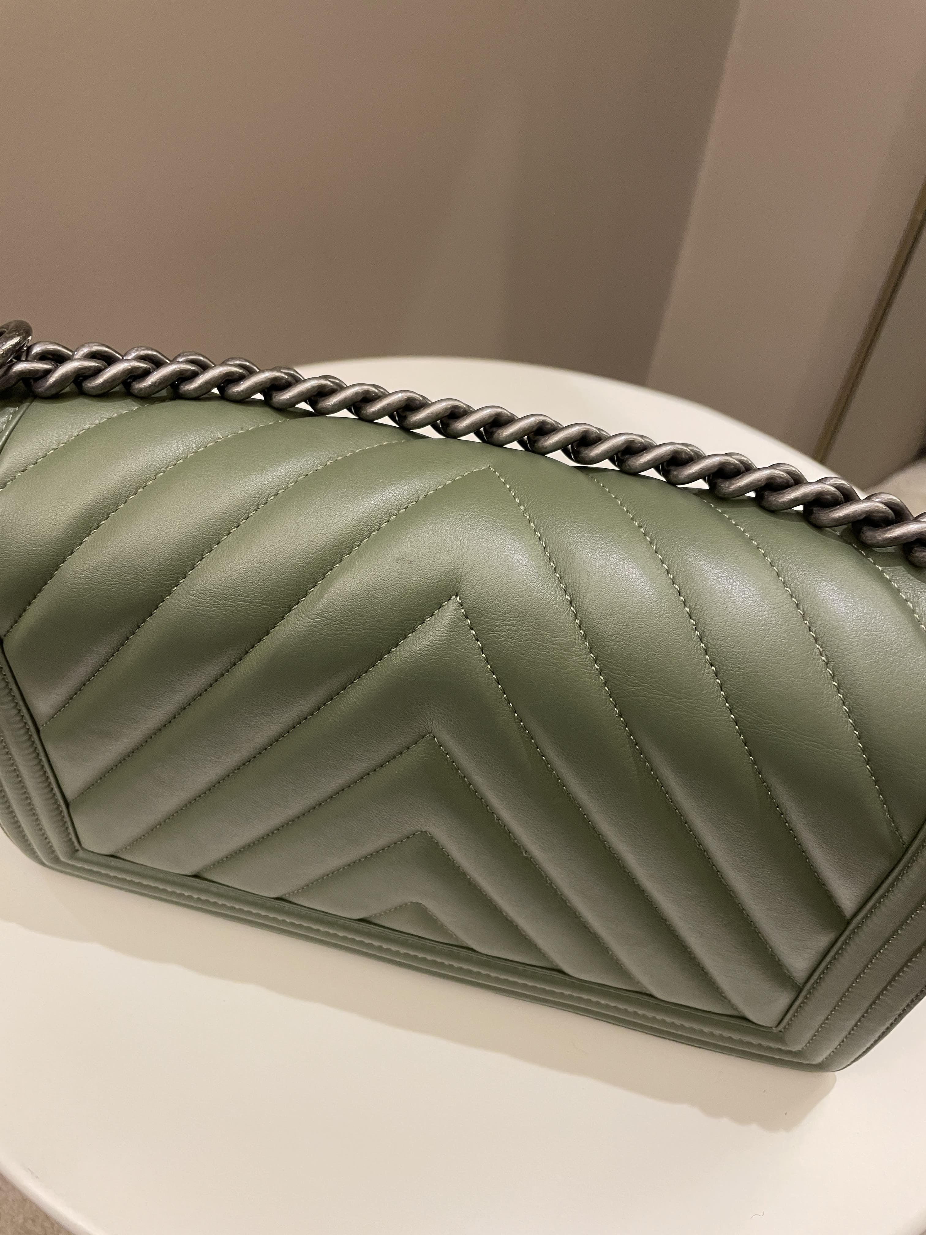 Chanel Chevron Boy New Medium Olive Green Calfskin