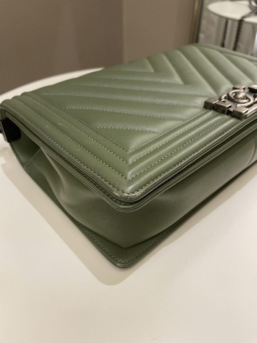 Chanel Chevron Boy New Medium Olive Green Calfskin