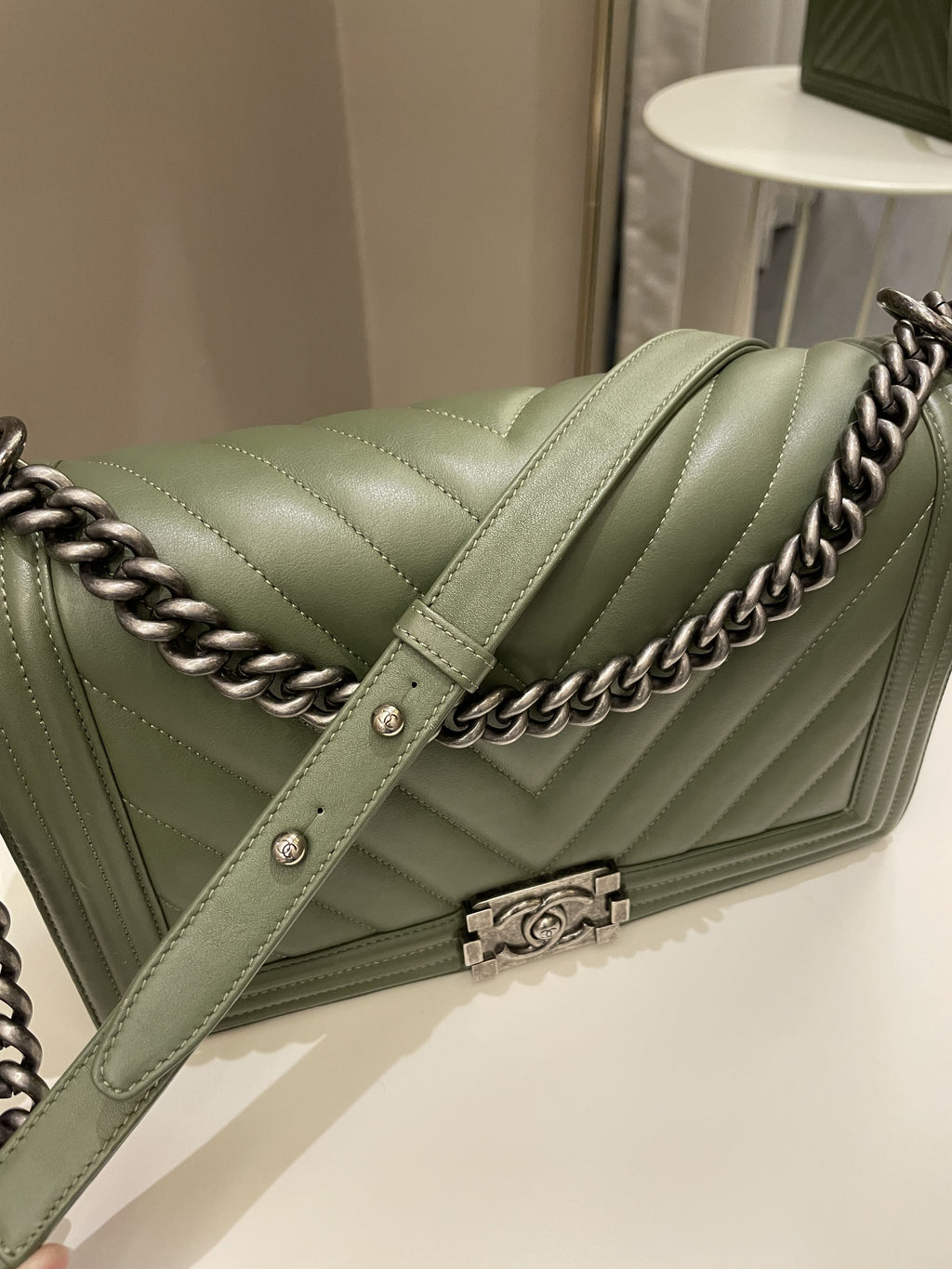 Chanel Chevron Boy New Medium Olive Green Calfskin