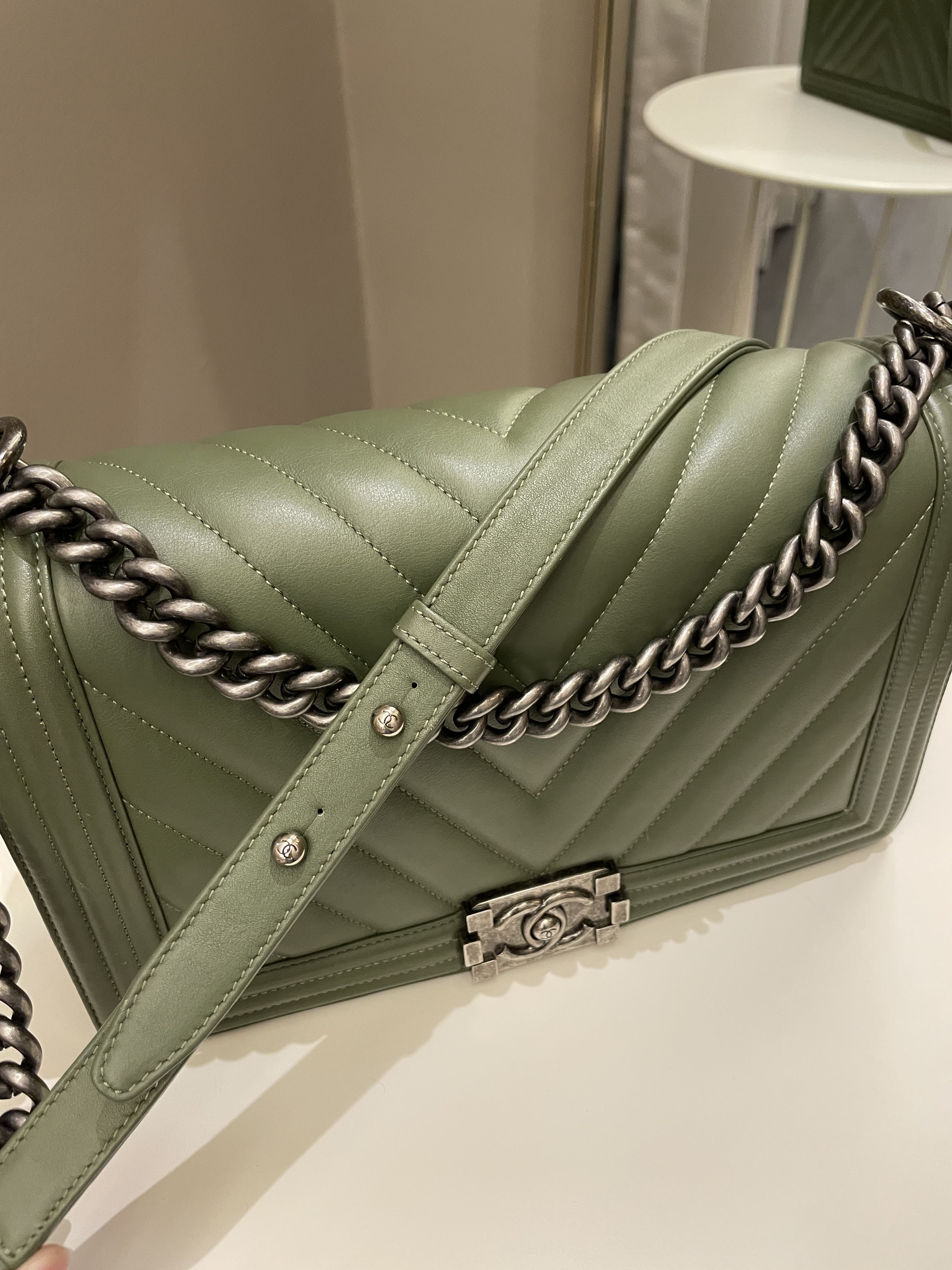 Chanel Chevron Boy New Medium Olive Green Calfskin