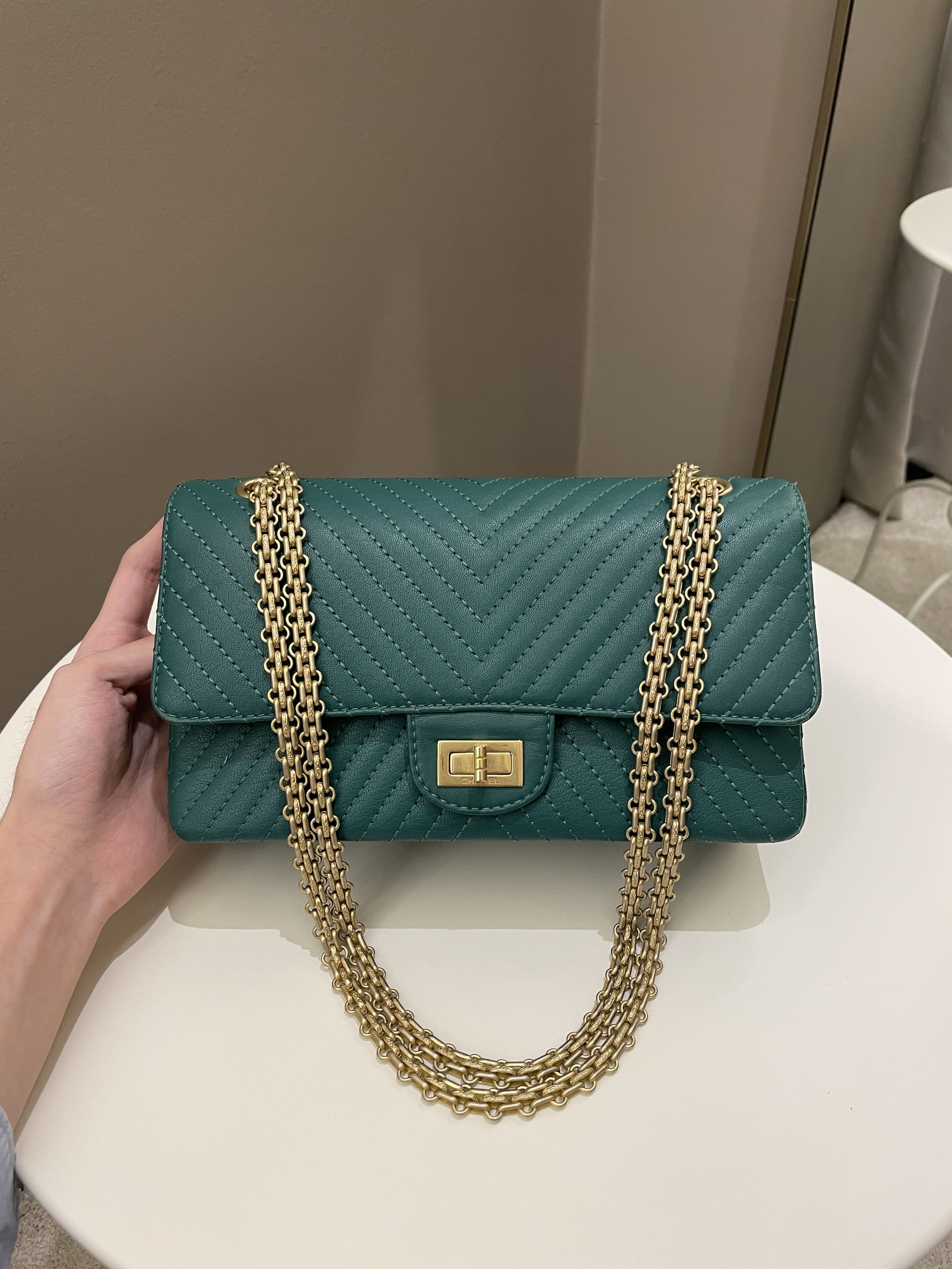 Chanel 2.55 225 Chevron Reissue Double Flap Emerald Calfskin