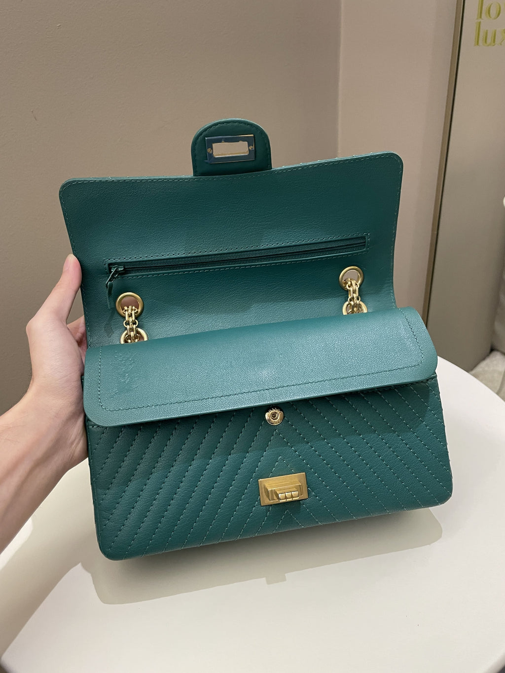 Chanel 2.55 225 Chevron Reissue Double Flap Emerald Calfskin