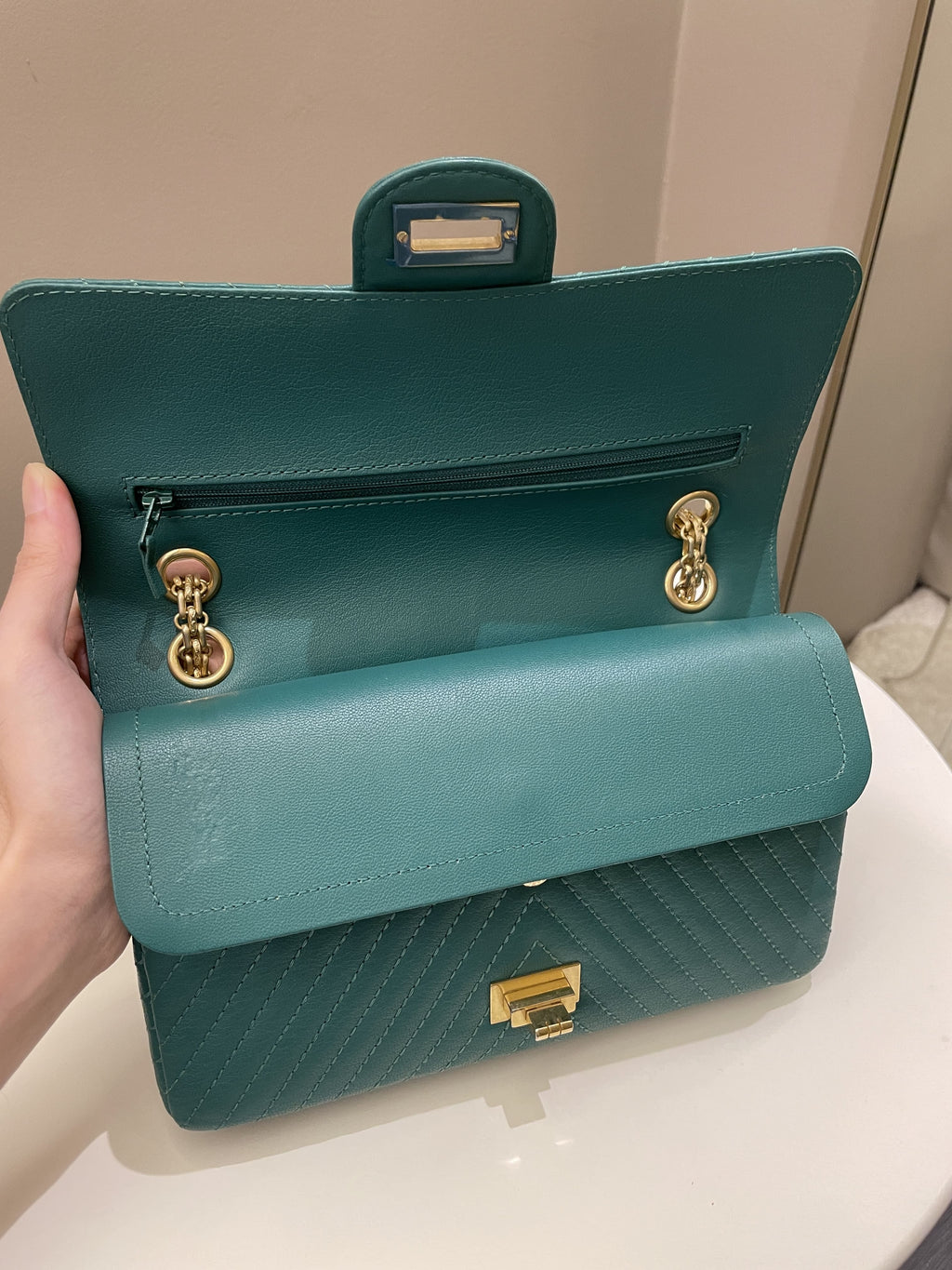 Chanel 2.55 225 Chevron Reissue Double Flap Emerald Calfskin
