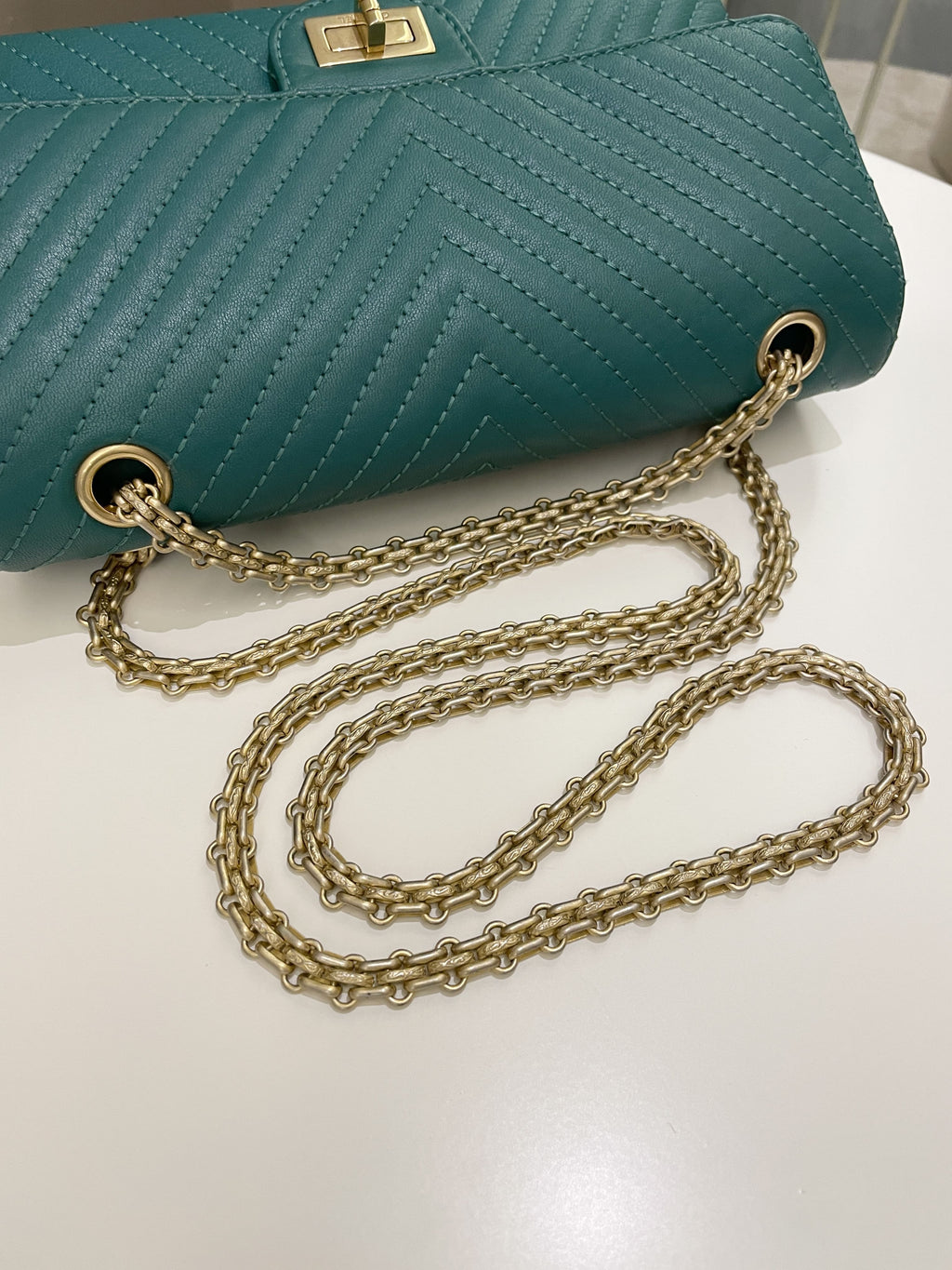Chanel 2.55 225 Chevron Reissue Double Flap Emerald Calfskin