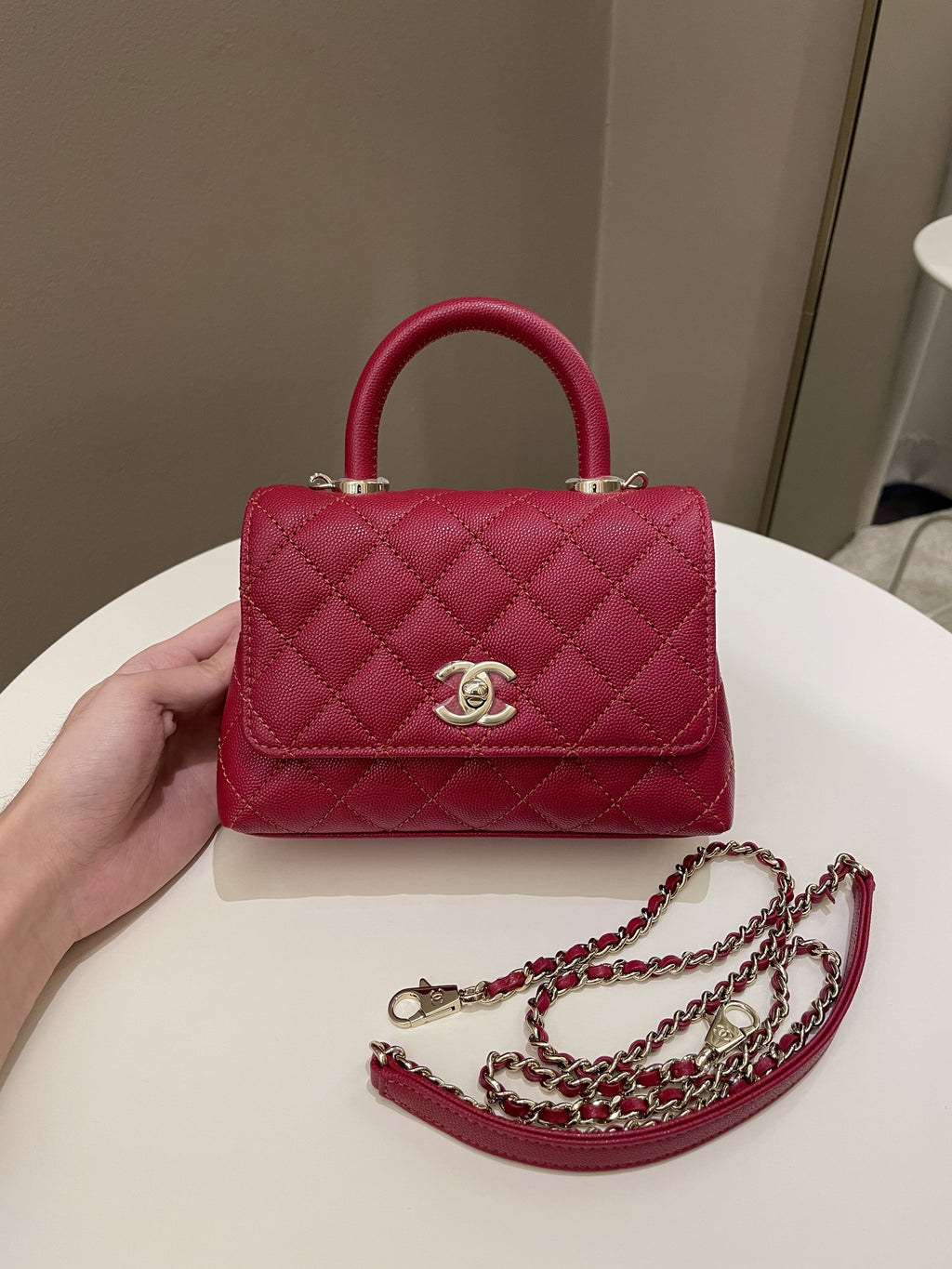 Chanel 22K Quilted Coco Handle Mini Lipstick Red Caviar
