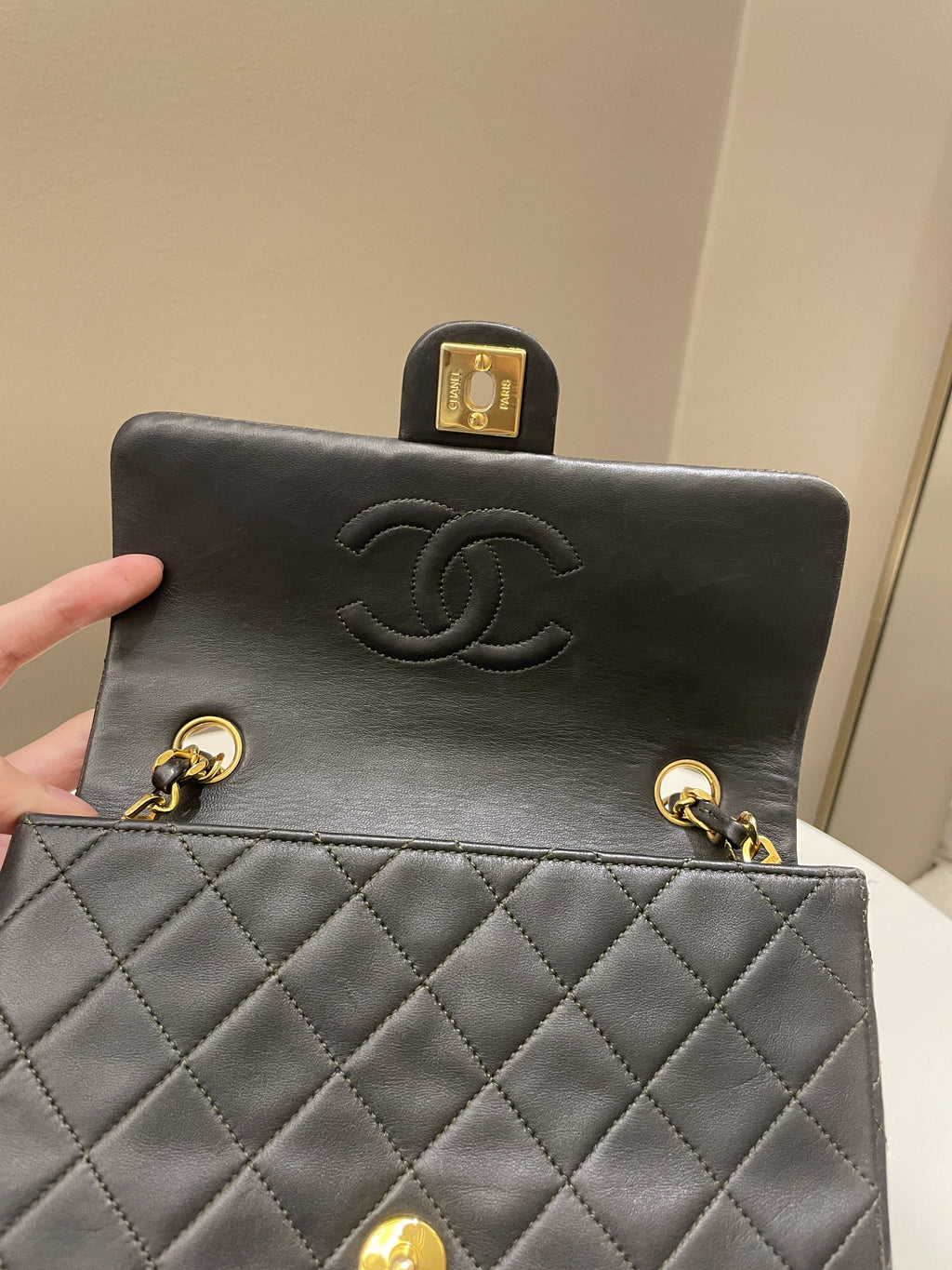 Chanel Vintage Quilted Flap Ash Green Lambskin