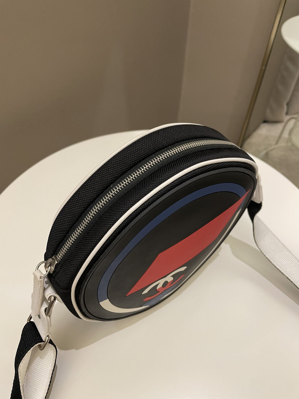 Chanel Airlines Round Crossbody Bag Black, Blue, Red, White Canvas and Rubber