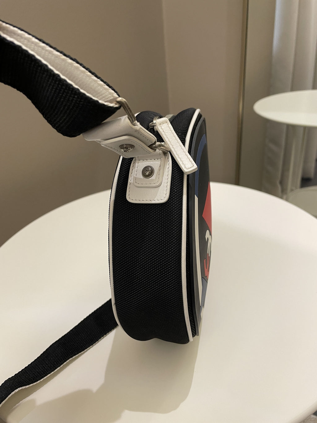 Chanel Airlines Round Crossbody Bag Black, Blue, Red, White Canvas and Rubber