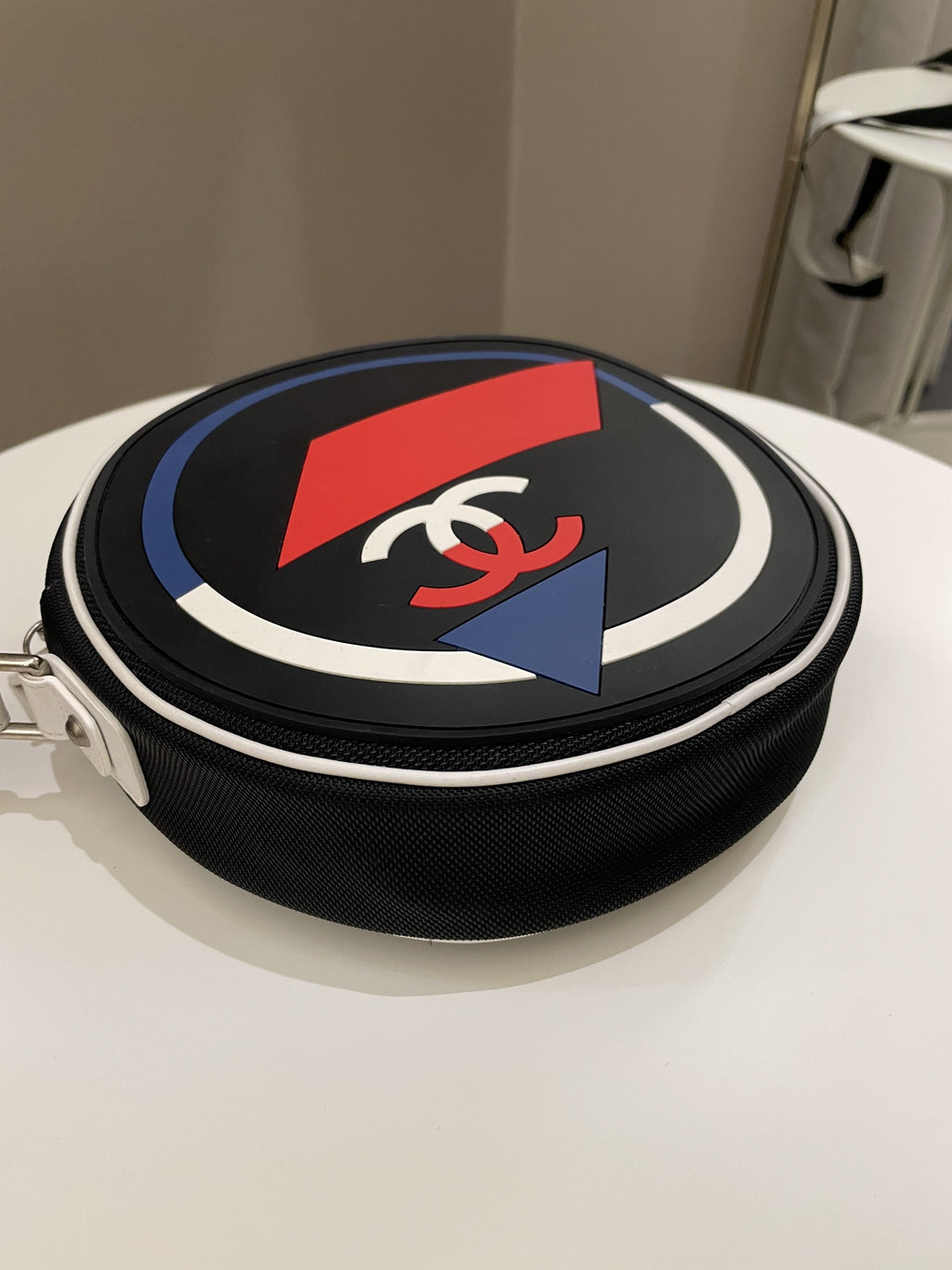 Chanel Airlines Round Crossbody Bag Black, Blue, Red, White Canvas and Rubber