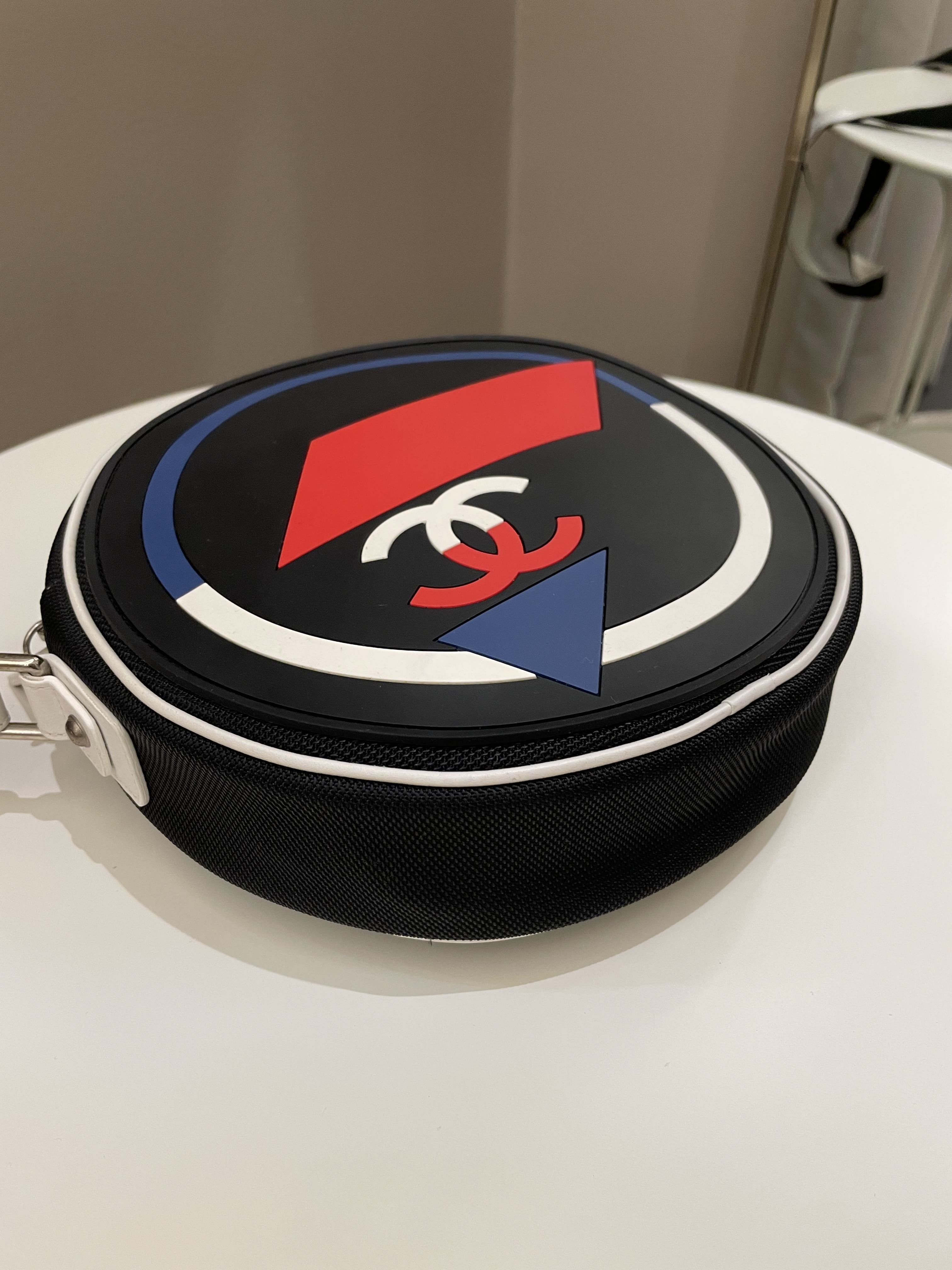 Chanel Airlines Round Crossbody Bag Black, Blue, Red, White Canvas and Rubber