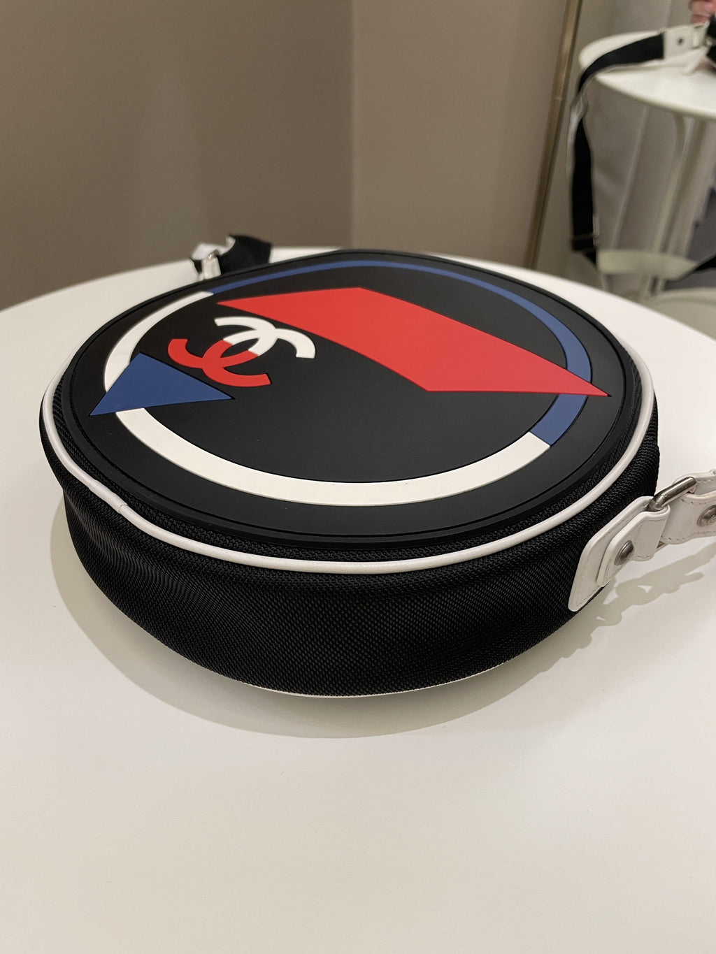 Chanel Airlines Round Crossbody Bag Black, Blue, Red, White Canvas and Rubber