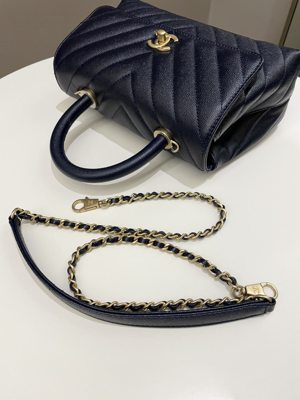 Chanel Chevron Coco Handle Midnight Blue Caviar