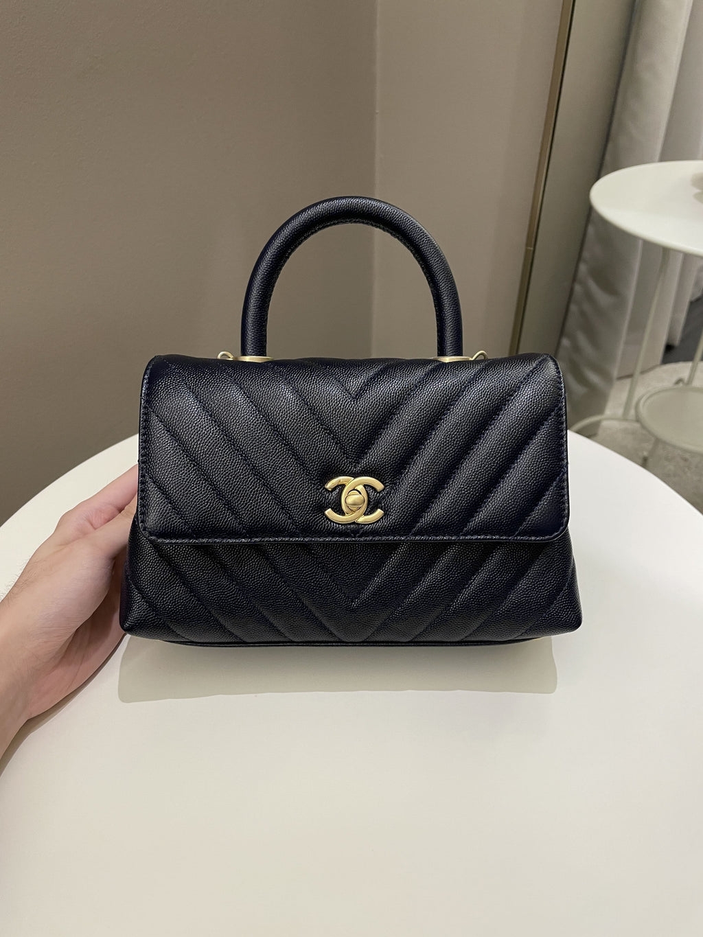 Chanel Chevron Coco Handle Midnight Blue Caviar
