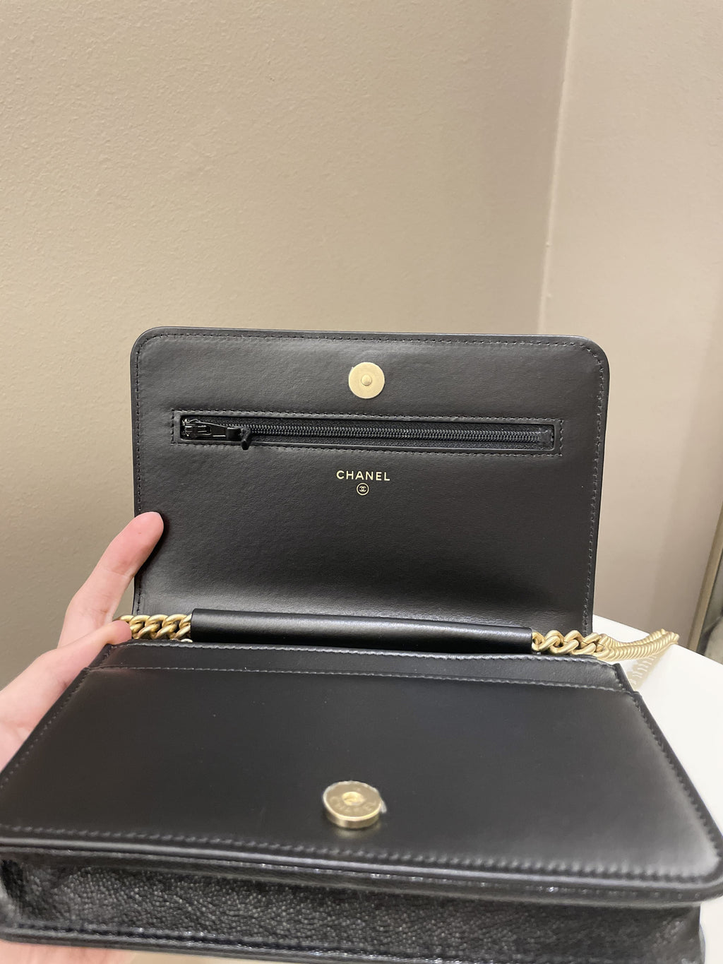 Chanel Quilted Boy Chain Around Wallet On Chain Black Caviar