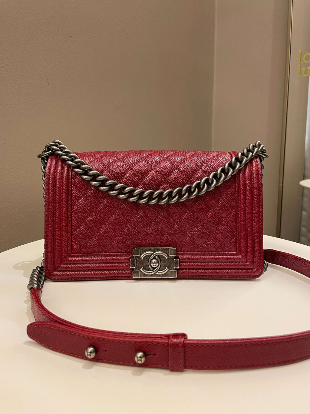 Chanel 14B Quilted Boy Old Medium Deep Red Rigid Caviar