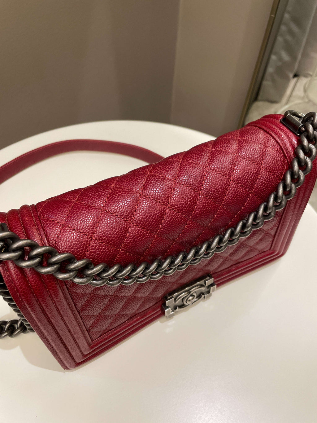 Chanel 14B Quilted Boy Old Medium Deep Red Rigid Caviar