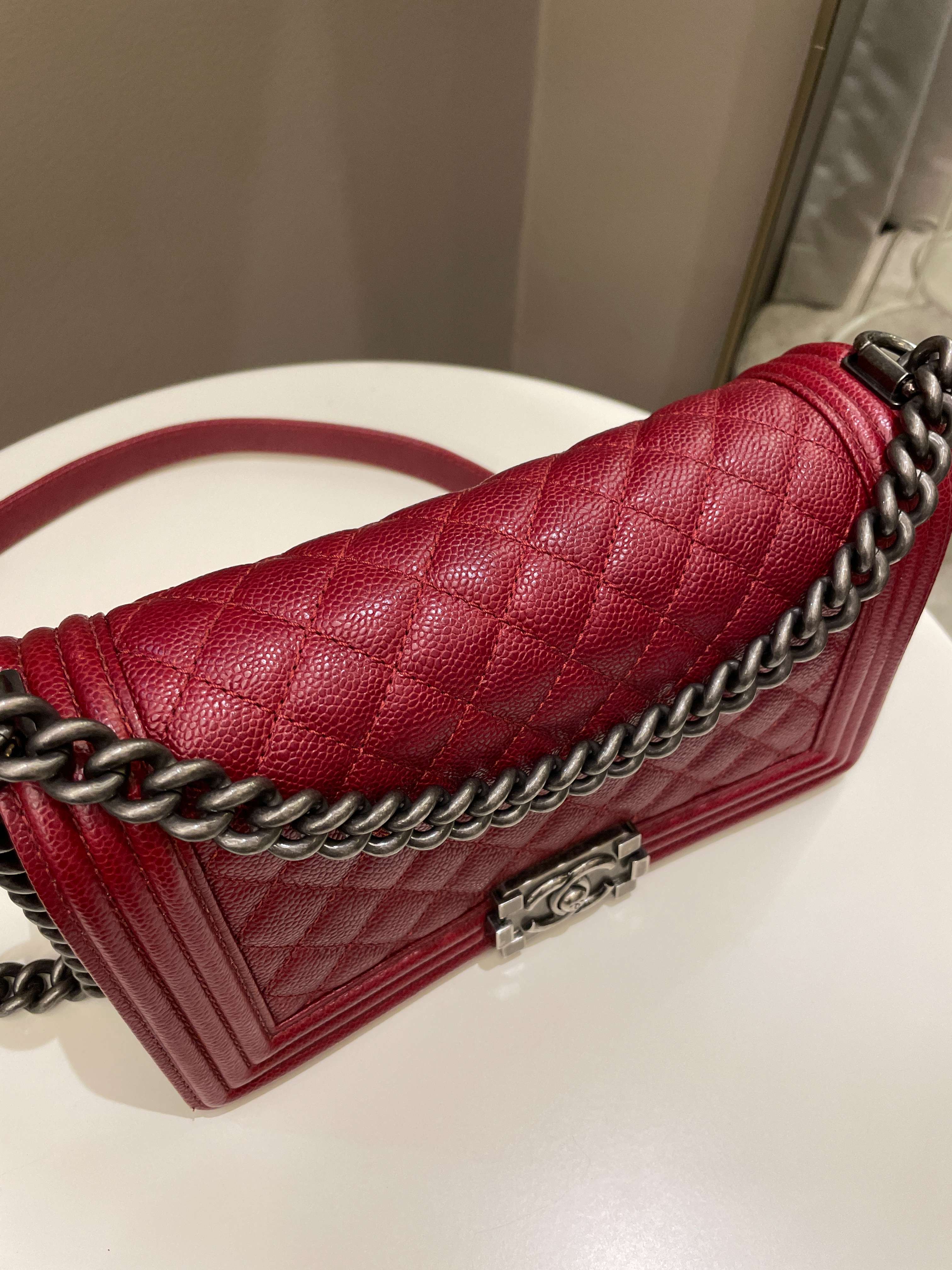 Chanel 14B Quilted Boy Old Medium Deep Red Rigid Caviar