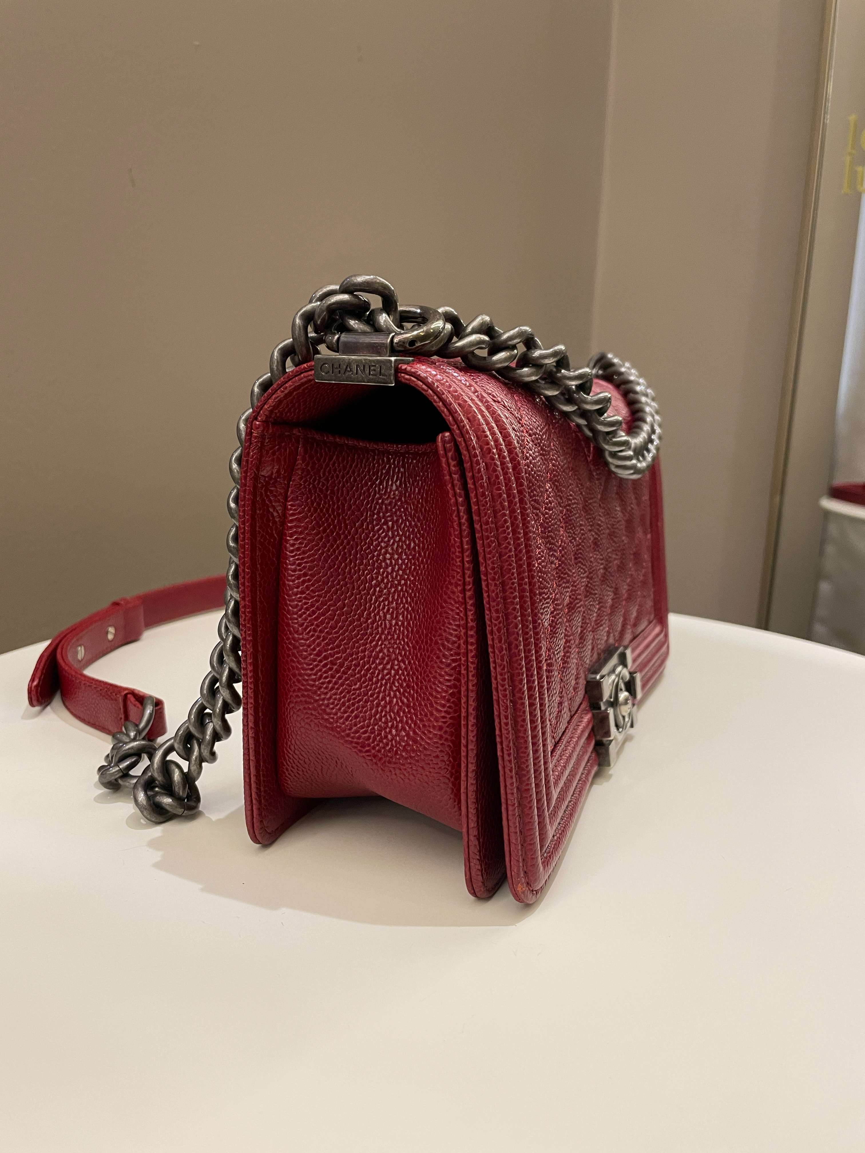 Chanel 14B Quilted Boy Old Medium Deep Red Rigid Caviar