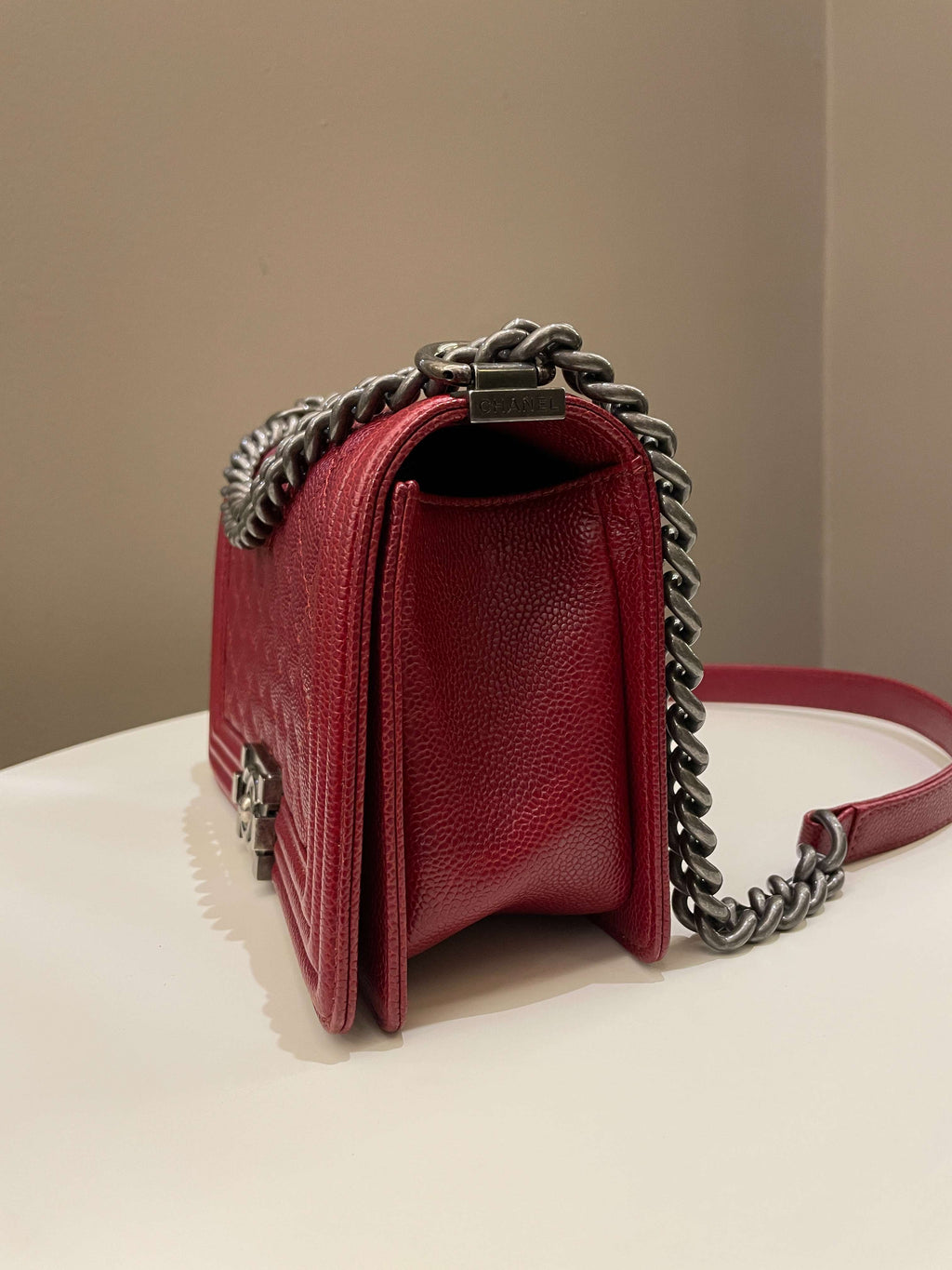 Chanel 14B Quilted Boy Old Medium Deep Red Rigid Caviar