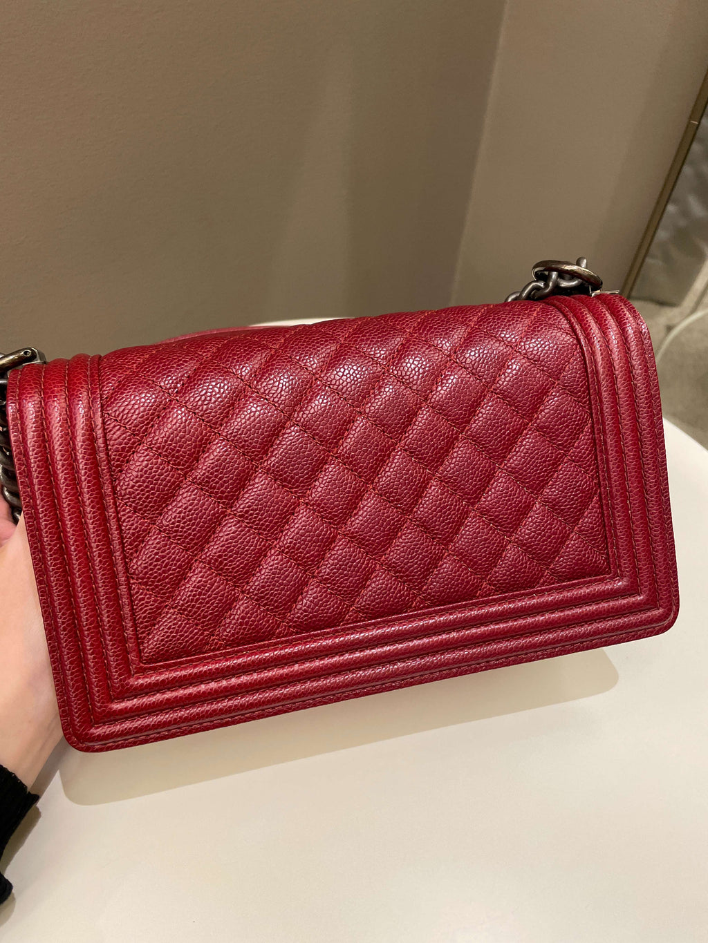 Chanel 14B Quilted Boy Old Medium Deep Red Rigid Caviar