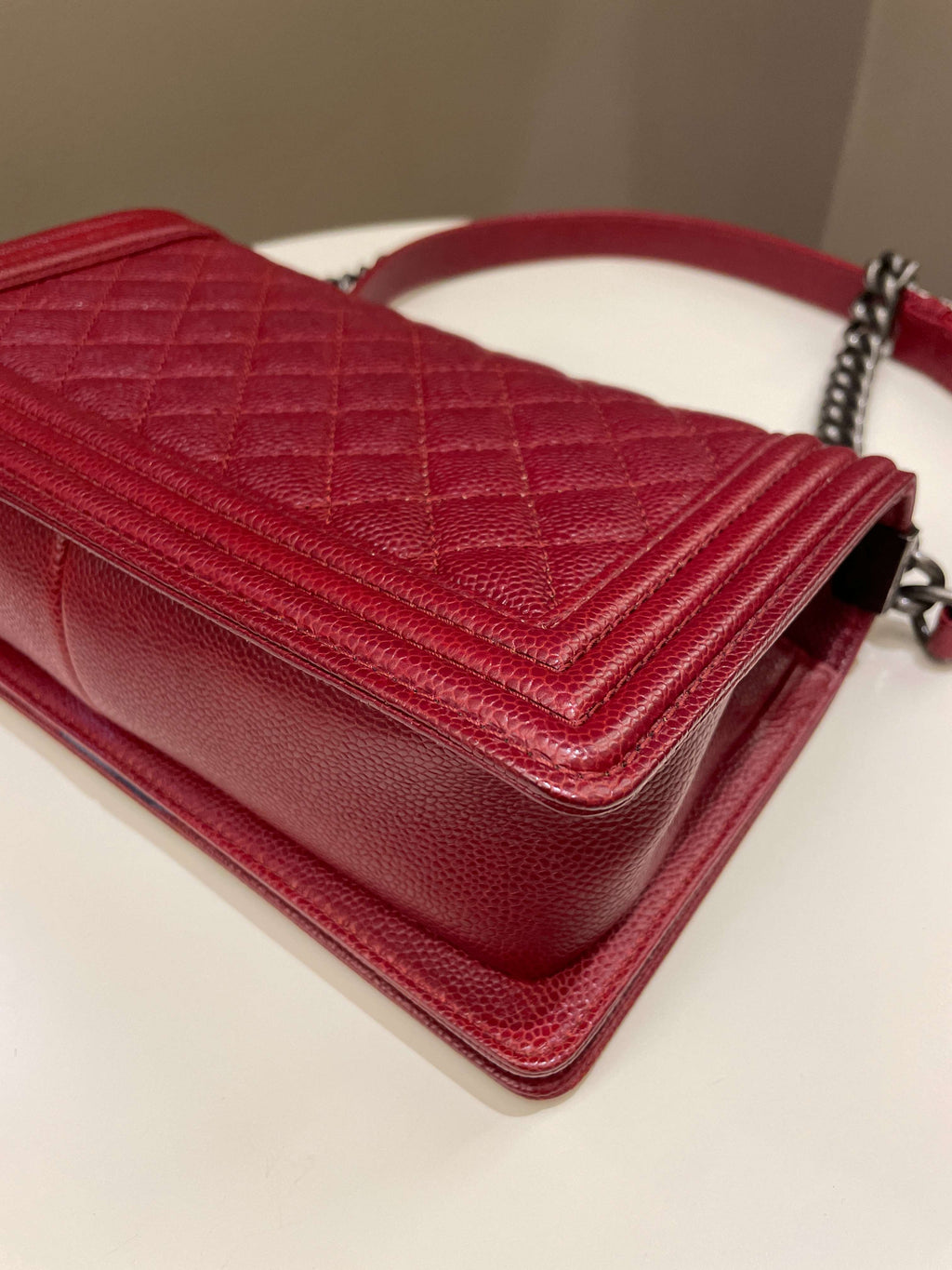 Chanel 14B Quilted Boy Old Medium Deep Red Rigid Caviar